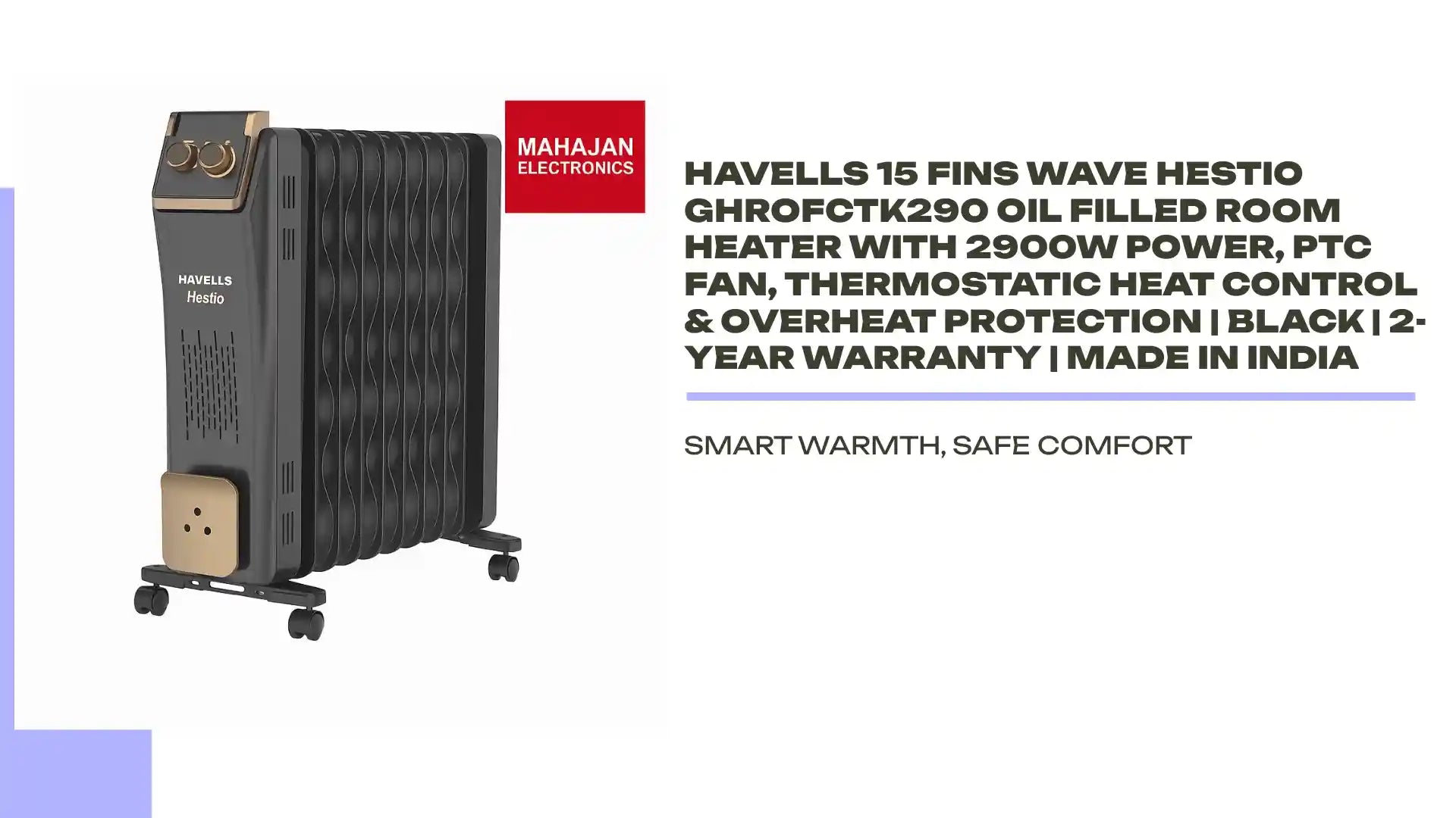 Havells 15 Fins Wave Hestio GHROFCTK290 Oil Filled Room Heater with 2900W Power, PTC Fan, Thermostatic Heat Control & Overheat Protection | Black | 2-Year Warranty | Made in India by@Outfy