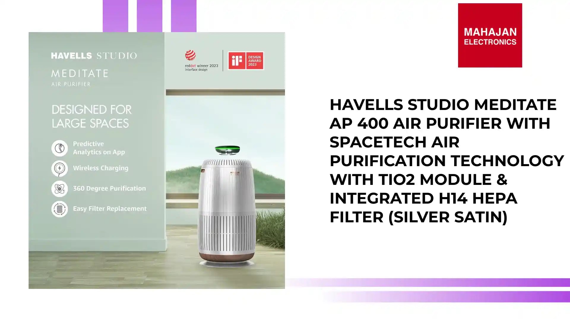 Havells Studio Meditate AP 400 Air purifier with SpaceTech Air Purification Technology with TiO2 module & Integrated H14 HEPA filter (Silver Satin) by@Outfy