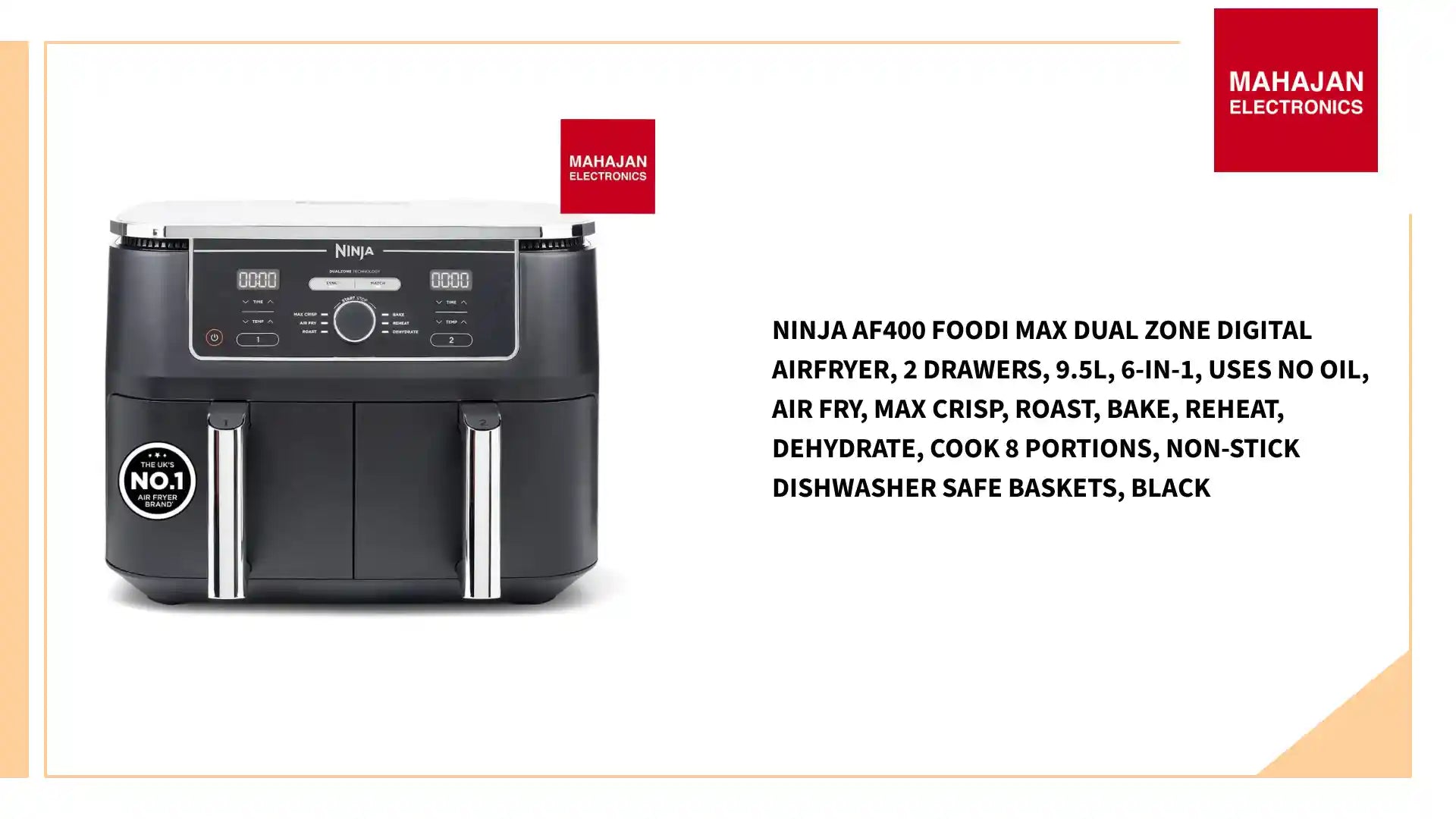 Ninja AF400 Foodi MAX Dual Zone Digital AirFryer, 2 Drawers, 9.5L, 6-in-1, Uses No Oil, Air Fry, Max Crisp, Roast, Bake, Reheat, Dehydrate, Cook 8 Portions, Non-Stick Dishwasher Safe Baskets, Black by@Outfy
