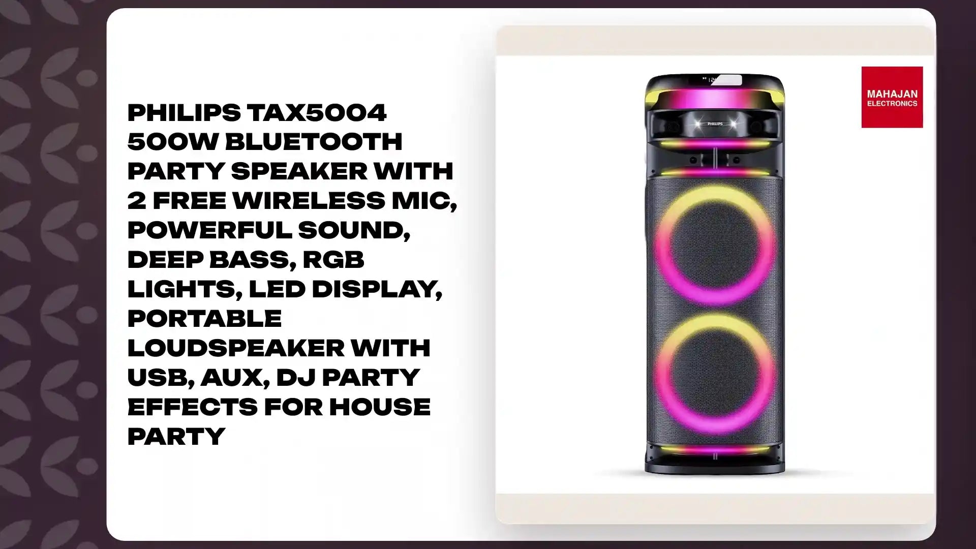 PHILIPS TAX5004 500W Bluetooth Party Speaker with 2 Free Wireless Mic, Powerful Sound, Deep Bass, RGB Lights, LED Display, Portable Loudspeaker with USB, AUX, DJ Party Effects for House Party by@Outfy
