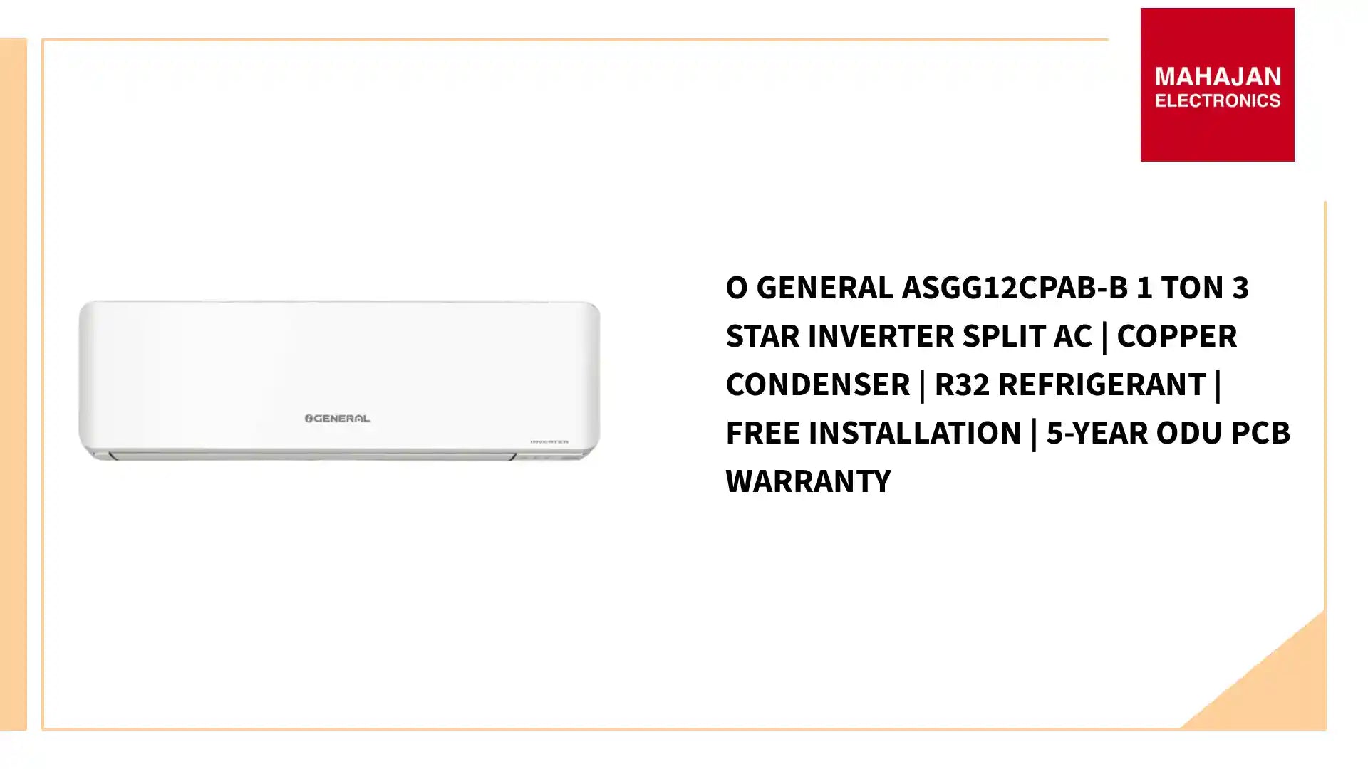 O General ASGG12CPAB-B 1 Ton 3 Star Inverter Split AC | Copper Condenser | R32 Refrigerant | Free Installation | 5-Year ODU PCB Warranty by@Outfy