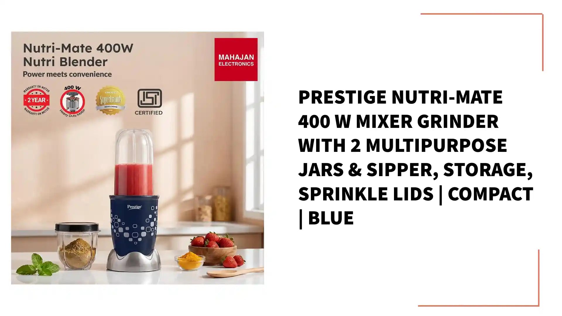 Prestige Nutri-Mate 400 W Mixer Grinder with 2 Multipurpose Jars & Sipper, Storage, Sprinkle Lids | Compact | Blue by@Outfy