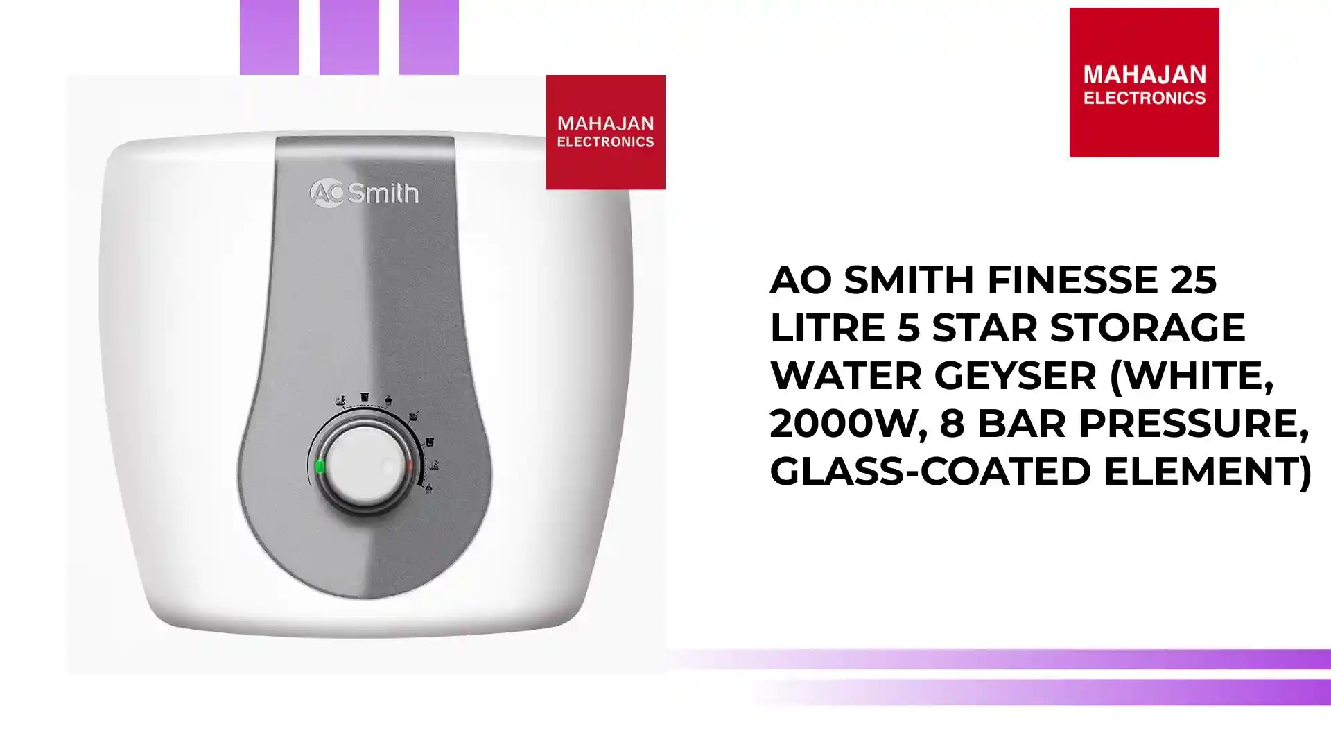 AO Smith Finesse 25 Litre 5 Star Storage Water Geyser (White, 2000W, 8 Bar Pressure, Glass-Coated Element) by@Outfy