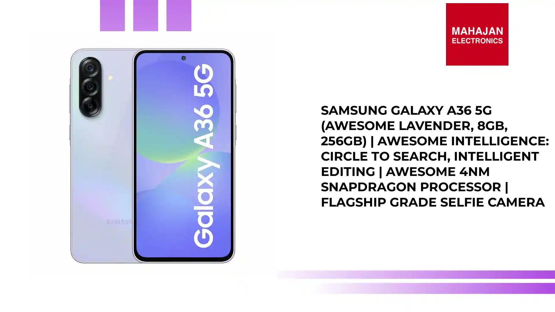 Samsung Galaxy A36 5G (Awesome Lavender, 8GB, 256GB) | Awesome Intelligence: Circle to Search, Intelligent Editing | Awesome 4nm Snapdragon Processor | Flagship Grade Selfie Camera by@Outfy