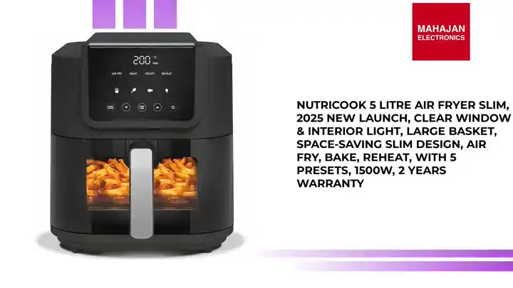 Nutricook 5 Litre Air Fryer Slim, 2025 New Launch, Clear Window & Interior Light, Large Basket, Space-Saving Slim Design, Air Fry, Bake, Reheat, with 5 Presets, 1500W, 2 Years Warranty by@Outfy