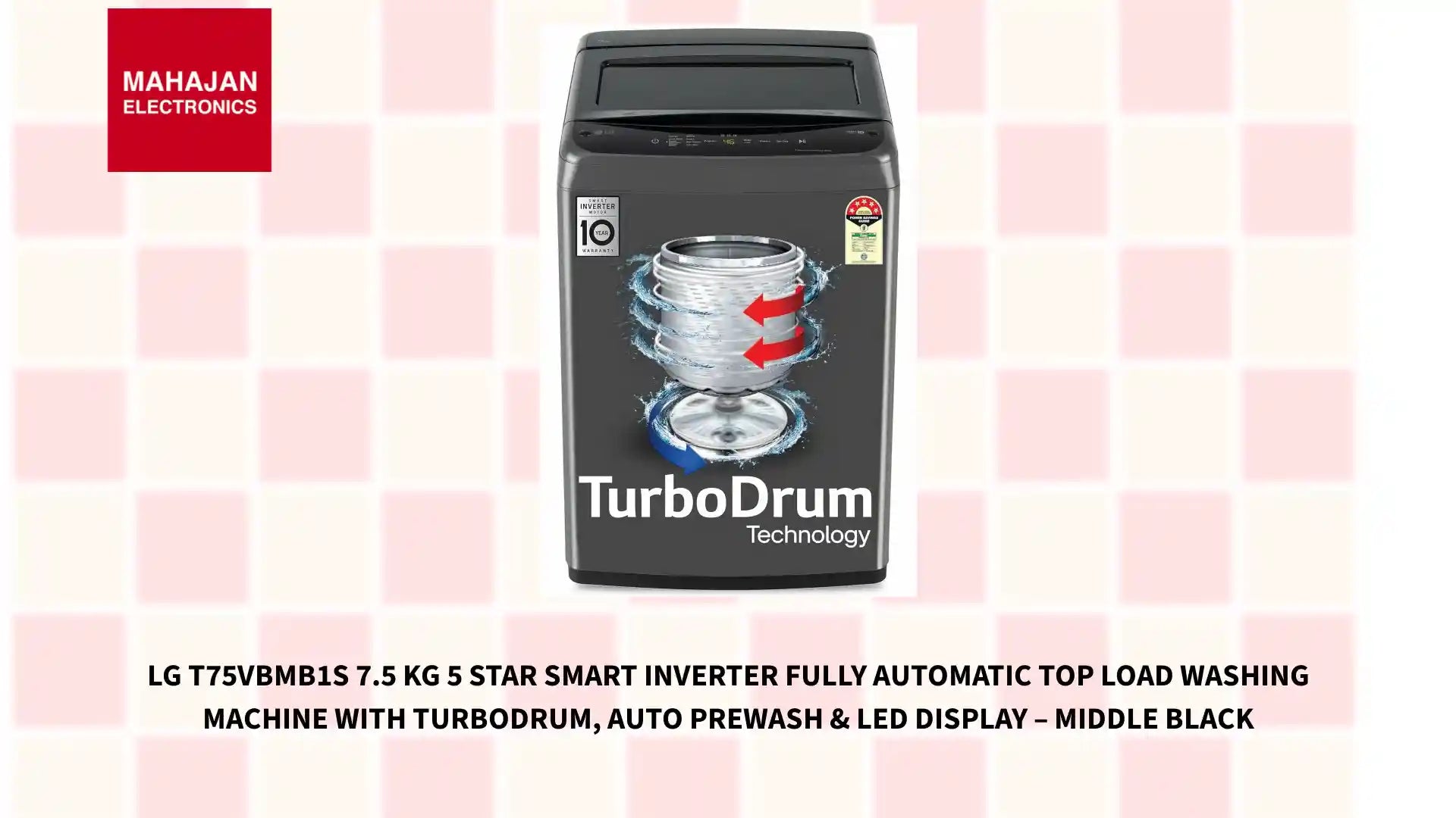 LG T75VBMB1S 7.5 Kg 5 Star Smart Inverter Fully Automatic Top Load Washing Machine with TurboDrum, Auto Prewash & LED Display – Middle Black by@Outfy