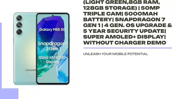 Samsung Galaxy M55 5G (Light Green,8GB RAM, 128GB Storage) | 50MP Triple Cam| 5000mAh Battery| Snapdragon 7 Gen 1 | 4 Gen. OS Upgrade & 5 Year Security Update| Super AMOLED+ Display| Without Charger Demo by@Outfy