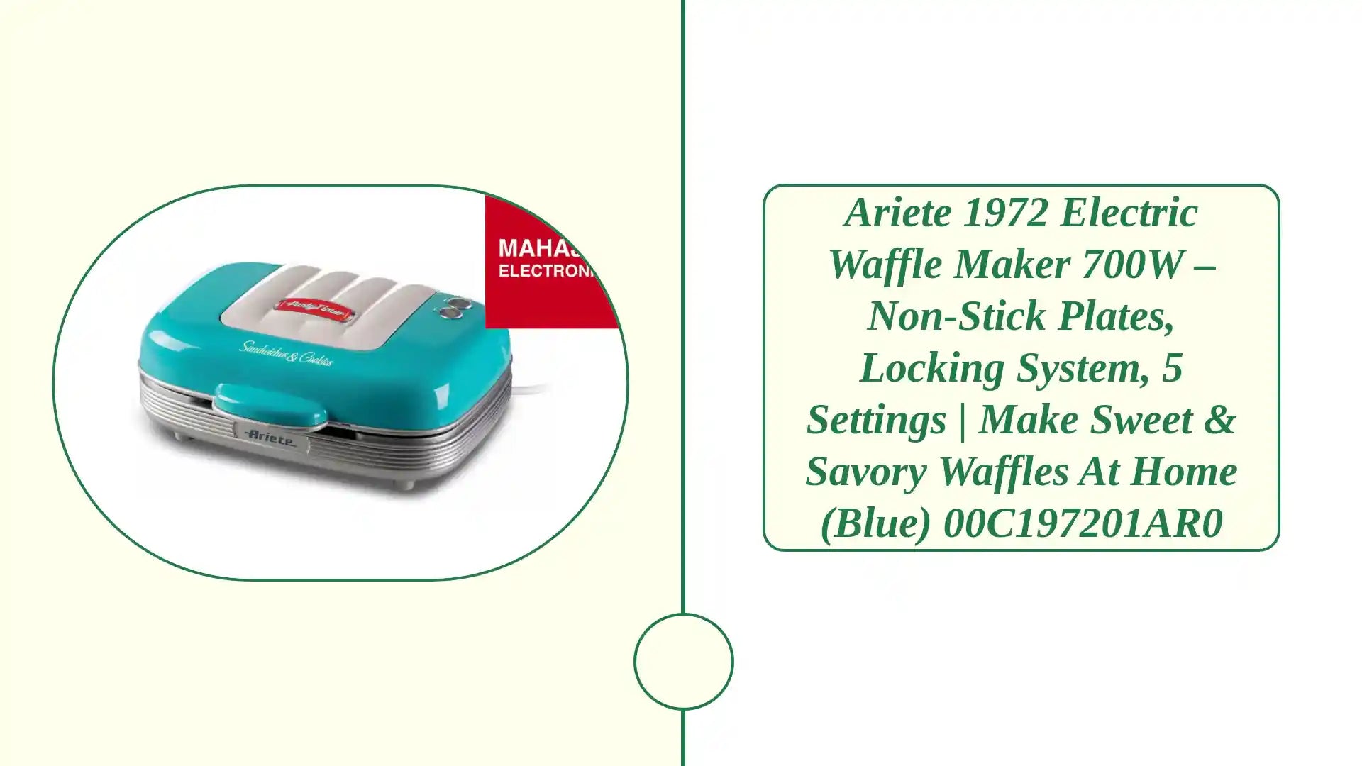 Ariete 1972 Electric Waffle Maker 700W – Non-Stick Plates, Locking System, 5 Settings | Make Sweet & Savory Waffles at Home (Blue) 00C197201AR0 by@Outfy