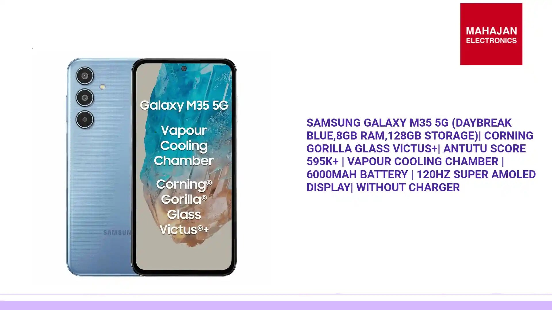 Samsung Galaxy M35 5G (Daybreak Blue,8GB RAM,128GB Storage)| Corning Gorilla Glass Victus+| AnTuTu Score 595K+ | Vapour Cooling Chamber | 6000mAh Battery | 120Hz Super AMOLED Display| Without Charger by@Outfy
