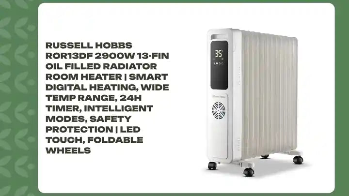 Russell Hobbs ROR13DF 2900W 13-Fin Oil Filled Radiator Room Heater | Smart Digital Heating, Wide Temp Range, 24H Timer, Intelligent Modes, Safety Protection | LED Touch, Foldable Wheels by@Outfy