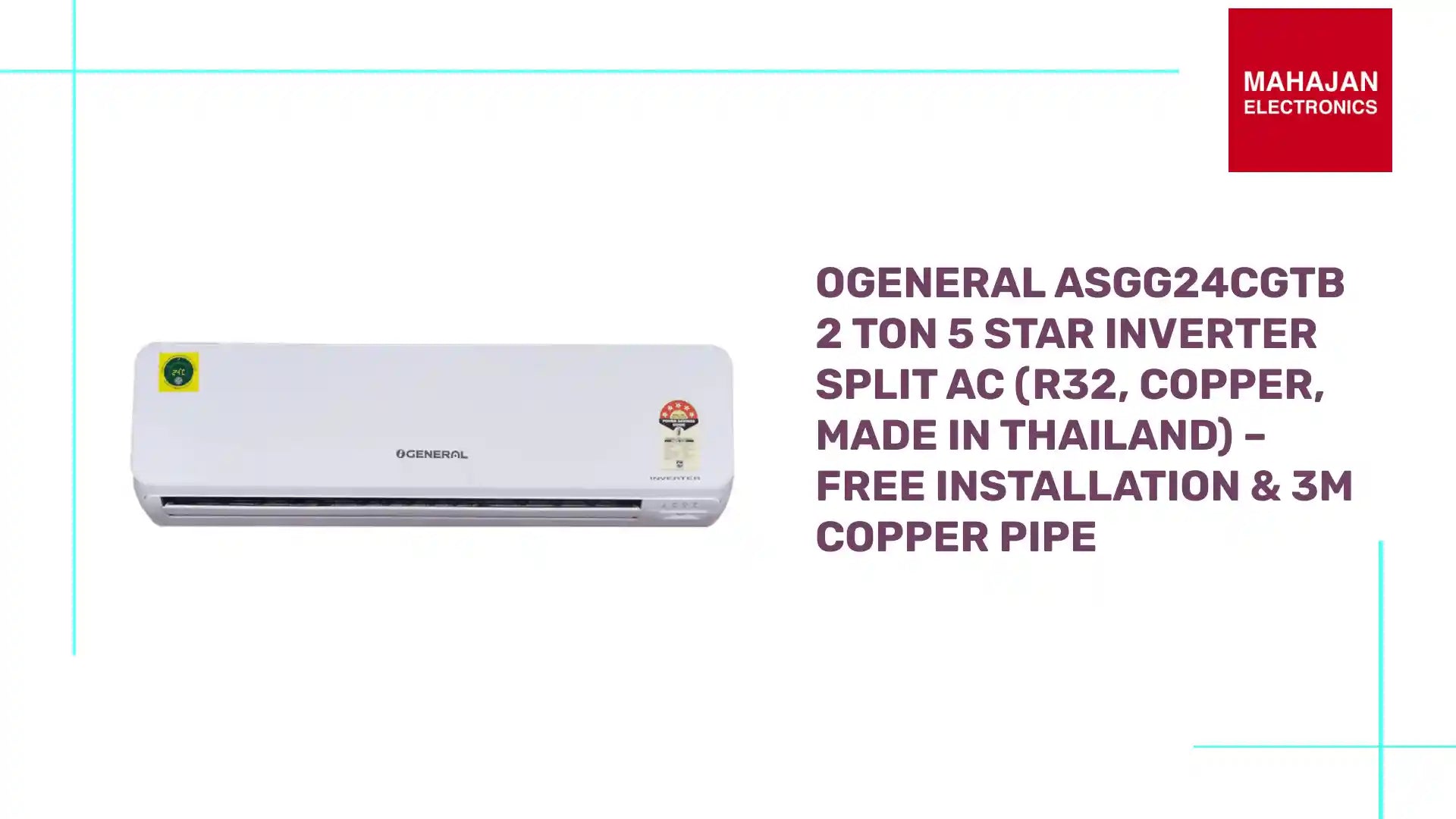 OGENERAL ASGG24CGTB 2 Ton 5 Star Inverter Split AC (R32, Copper, Made in Thailand) – Free Installation & 3m Copper Pipe by@Outfy