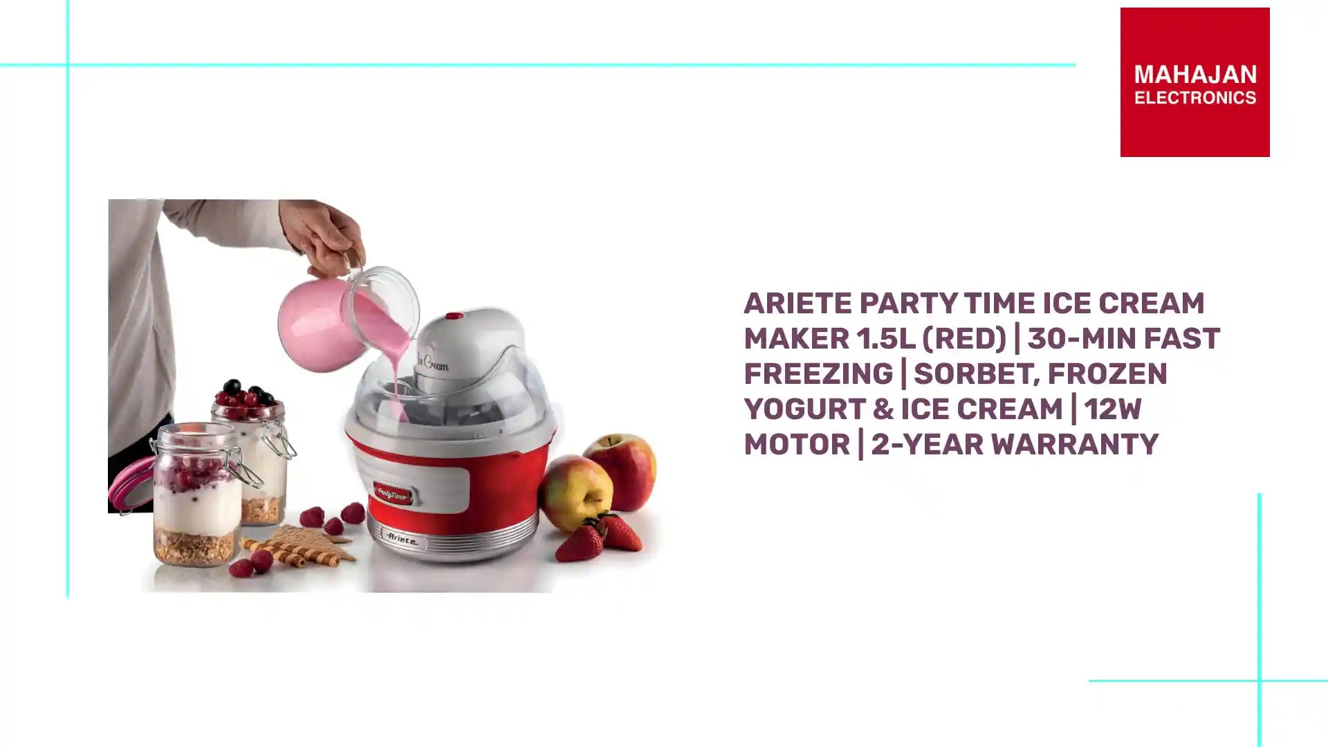 Ariete Party Time Ice Cream Maker 1.5L (Red) | 30-Min Fast Freezing | Sorbet, Frozen Yogurt & Ice Cream | 12W Motor | 2-Year Warranty by@Outfy