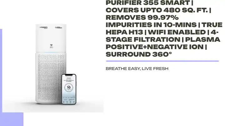 Eureka Forbes Smart Air Purifier 355 Smart | Covers upto 480 Sq. Ft. | Removes 99.97% Impurities in 10-Mins | True Hepa H13 | WiFi Enabled | 4-Stage Filtration | Plasma Positive+Negative Ion | Surround 360° by@Outfy
