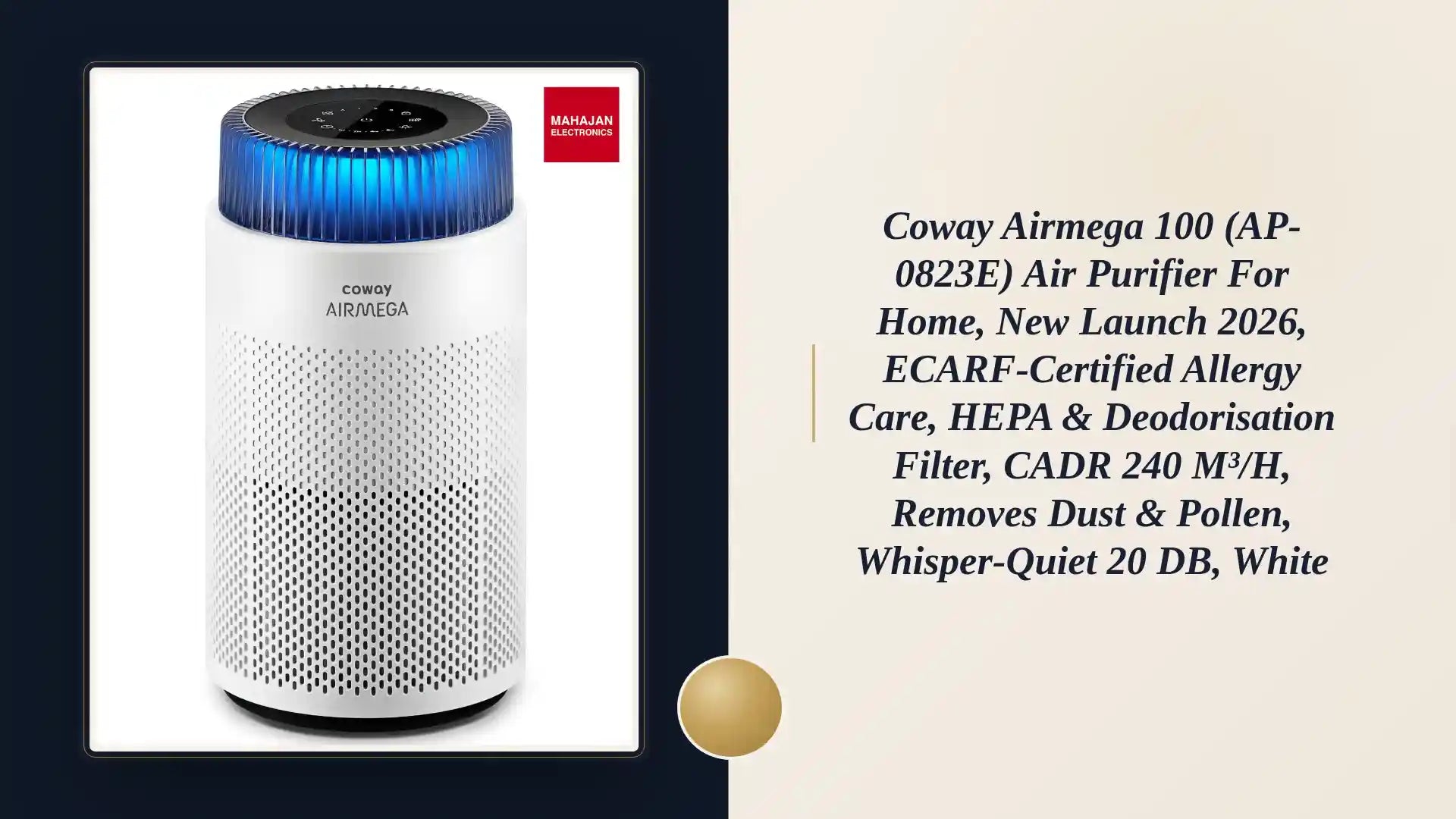 Coway Airmega 100 (AP-0823E) Air Purifier for Home, New Launch 2026, ECARF-Certified Allergy Care, HEPA & Deodorisation Filter, CADR 240 m³/h, Removes Dust & Pollen, Whisper-Quiet 20 dB, White by@Outfy