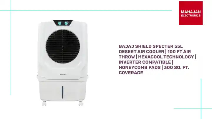 Bajaj Shield Specter 55L Desert Air Cooler | 100 Ft Air Throw | Hexacool Technology | Inverter Compatible | Honeycomb Pads | 300 Sq. Ft. Coverage by@Outfy