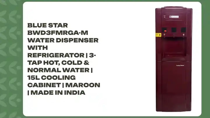 Blue Star BWD3FMRGA-M Water Dispenser with Refrigerator | 3-Tap Hot, Cold & Normal Water | 15L Cooling Cabinet | Maroon | Made in India by@Outfy
