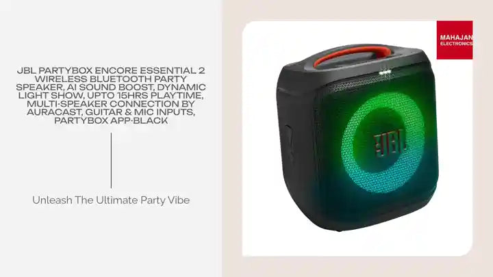 JBL Partybox Encore Essential 2 Wireless Bluetooth Party Speaker, AI Sound Boost, Dynamic Light Show, Upto 15Hrs Playtime, Multi-Speaker Connection by Auracast, Guitar & Mic Inputs, PartyBox App-Black by@Outfy