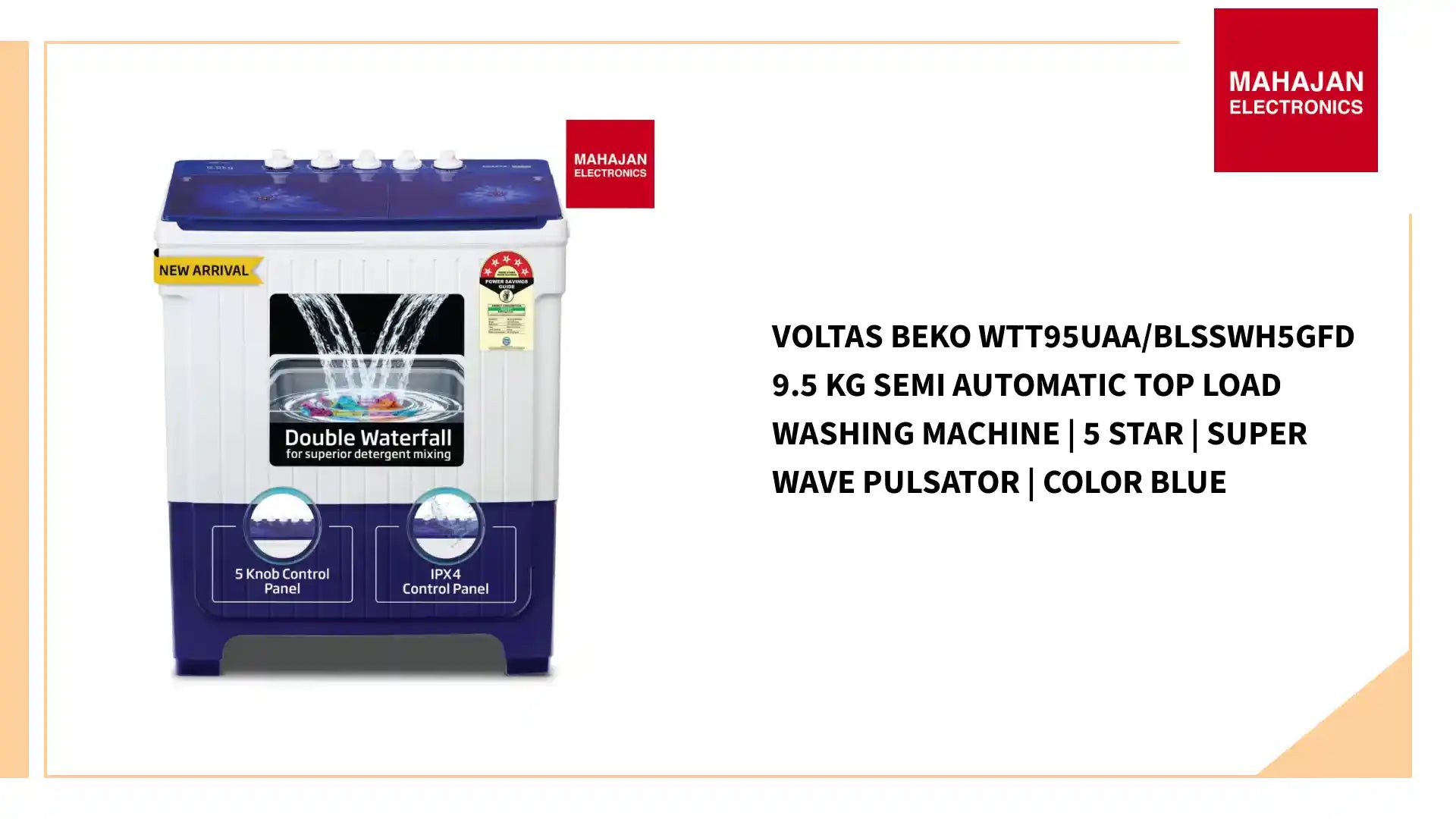 Voltas Beko WTT95UAA/BLSSWH5GFD 9.5 Kg Semi Automatic Top Load Washing Machine | 5 Star | Super Wave Pulsator | Color Blue by@Outfy