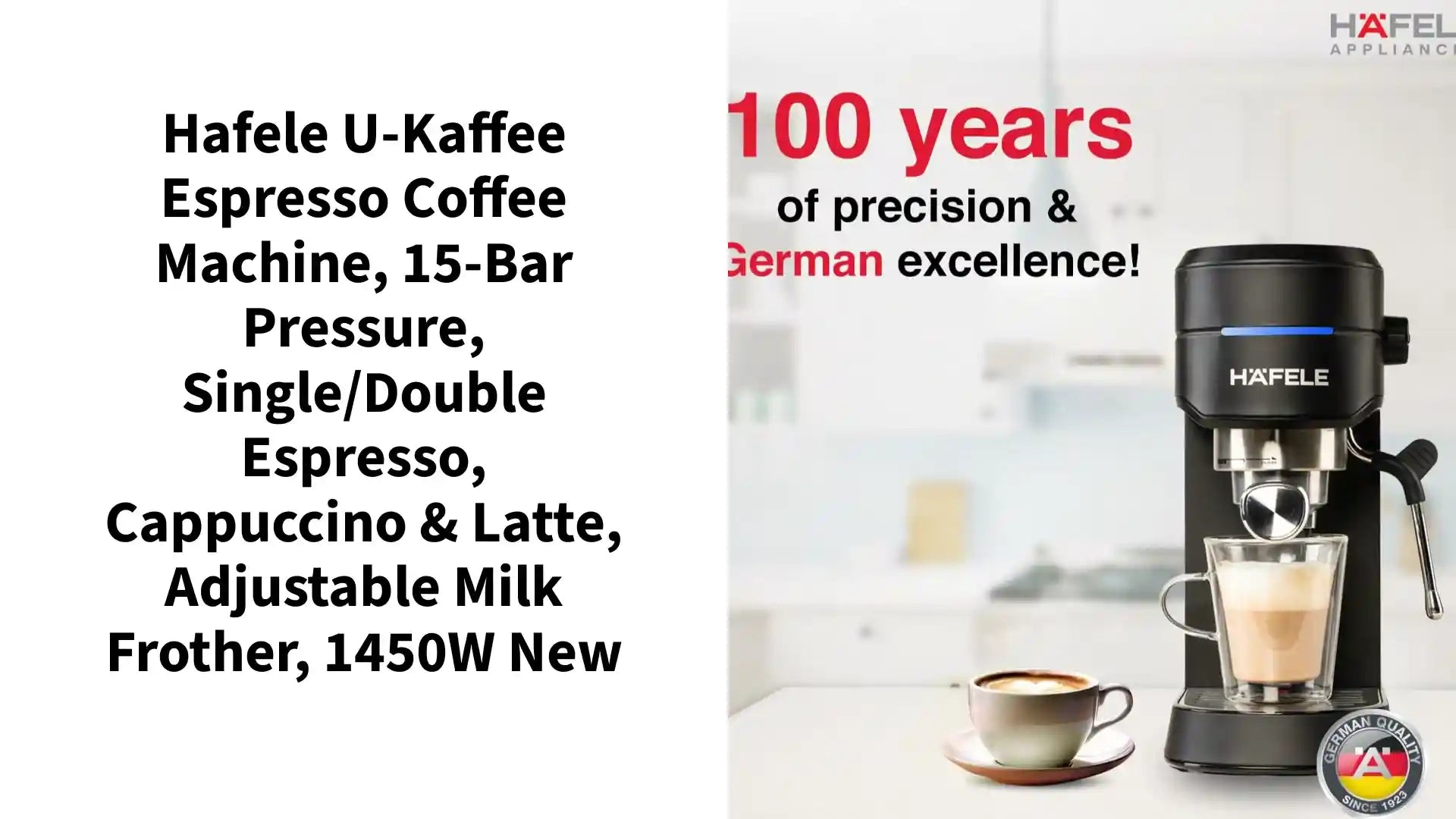 Hafele U-Kaffee Espresso Coffee Machine, 15-Bar Pressure, Single/Double Espresso, Cappuccino & Latte, Adjustable Milk Frother, 1450W New by@Outfy