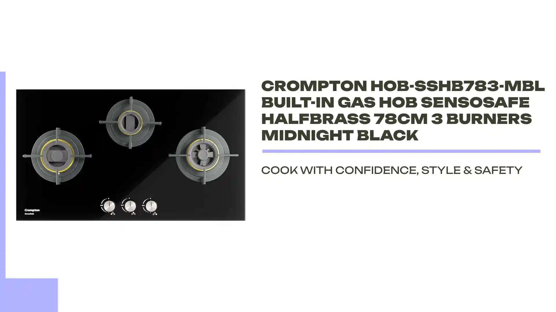 Crompton HOB-SSHB783-MBL Built-In Gas Hob SensoSafe HalfBrass 78cm 3 Burners Midnight Black by@Outfy