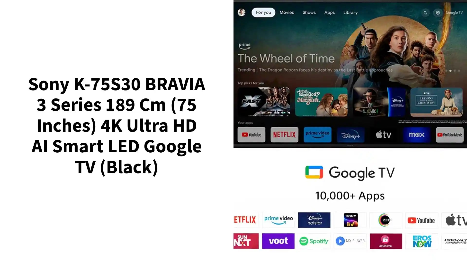 Sony K-75S30 BRAVIA 3 Series 189 cm (75 inches) 4K Ultra HD AI Smart LED Google TV (Black) by@Outfy