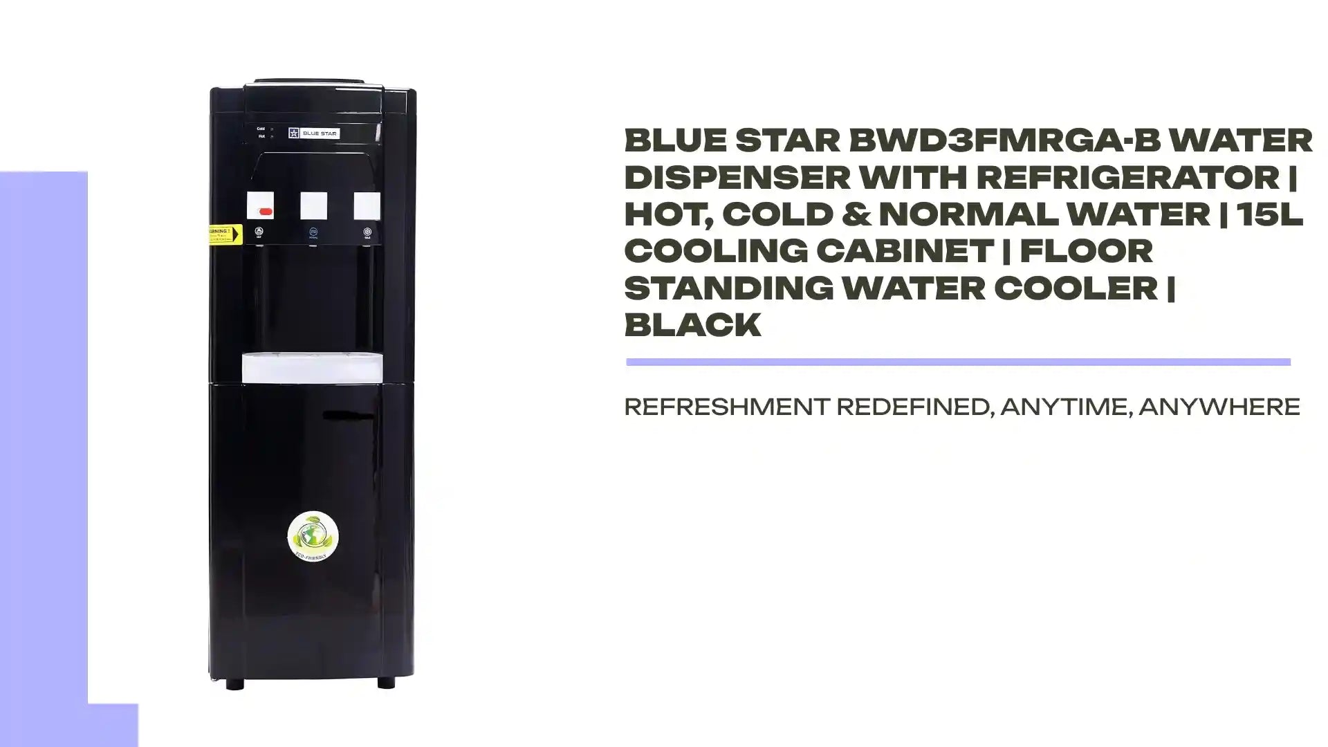 Blue Star BWD3FMRGA-B Water Dispenser with Refrigerator | Hot, Cold & Normal Water | 15L Cooling Cabinet | Floor Standing Water Cooler | Black by@Outfy