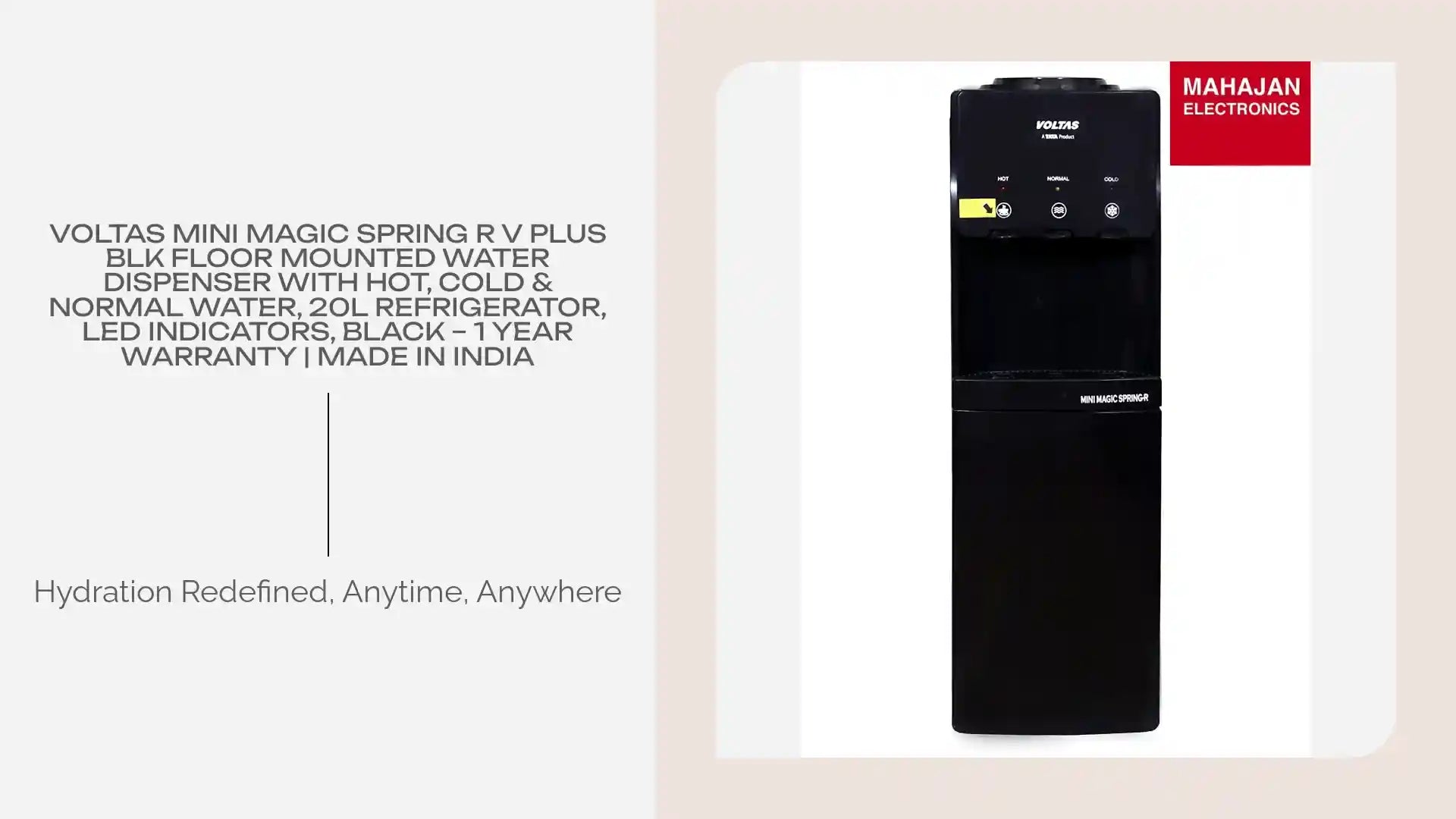 Voltas Mini Magic Spring R V Plus BLK Floor Mounted Water Dispenser with Hot, Cold & Normal Water, 20L Refrigerator, LED Indicators, Black – 1 Year Warranty | Made in India by@Outfy