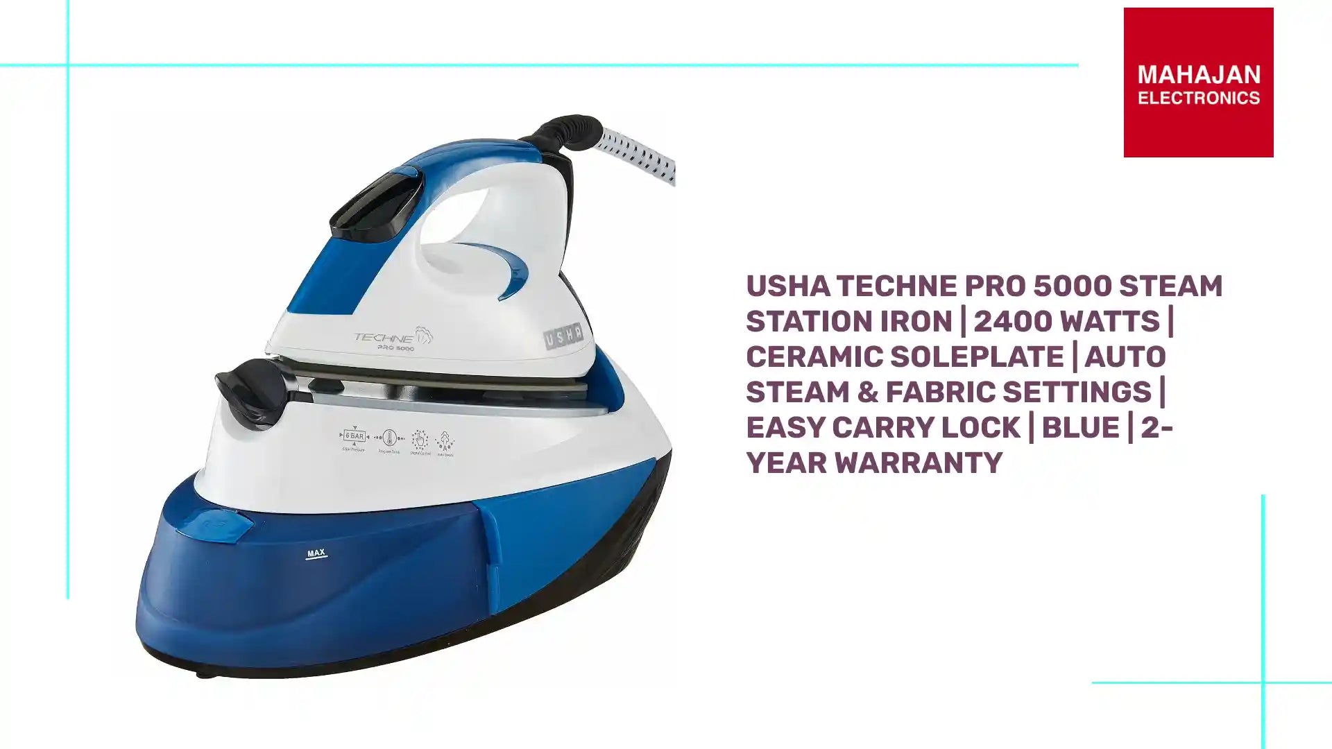 USHA Techne Pro 5000 Steam Station Iron | 2400 Watts | Ceramic Soleplate | Auto Steam & Fabric Settings | Easy Carry Lock | Blue | 2-Year Warranty by@Outfy