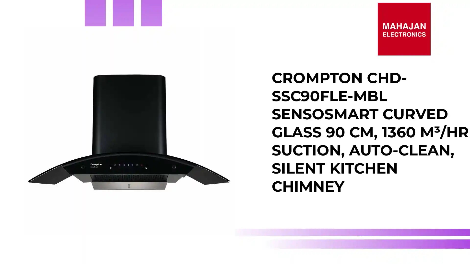 Crompton CHD-SSC90FLE-MBL SensoSmart Curved Glass 90 cm, 1360 m³/hr Suction, Auto-Clean, Silent Kitchen Chimney by@Outfy