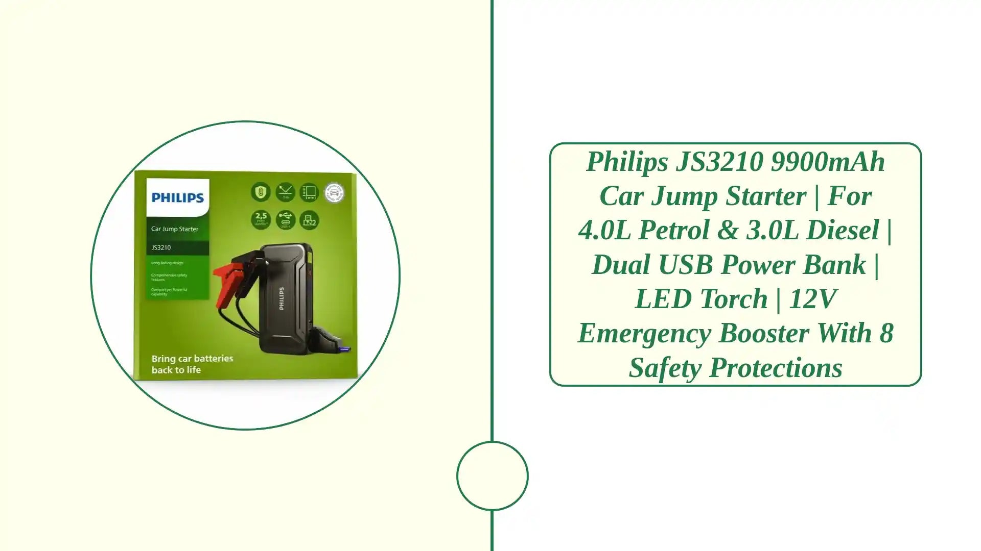 Philips JS3210 9900mAh Car Jump Starter | For 4.0L Petrol & 3.0L Diesel | Dual USB Power Bank | LED Torch | 12V Emergency Booster with 8 Safety Protections by@Outfy