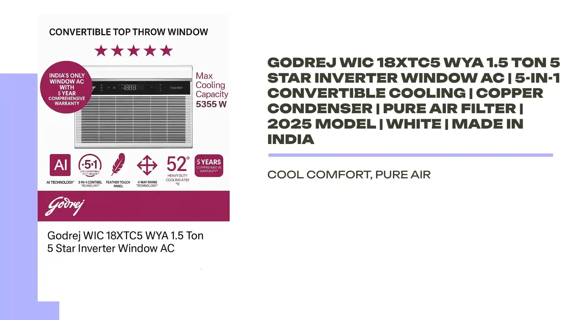 Godrej WIC 18XTC5 WYA 1.5 Ton 5 Star Inverter Window AC | 5-in-1 Convertible Cooling | Copper Condenser | Pure Air Filter | 2025 Model | White | Made in India by@Outfy