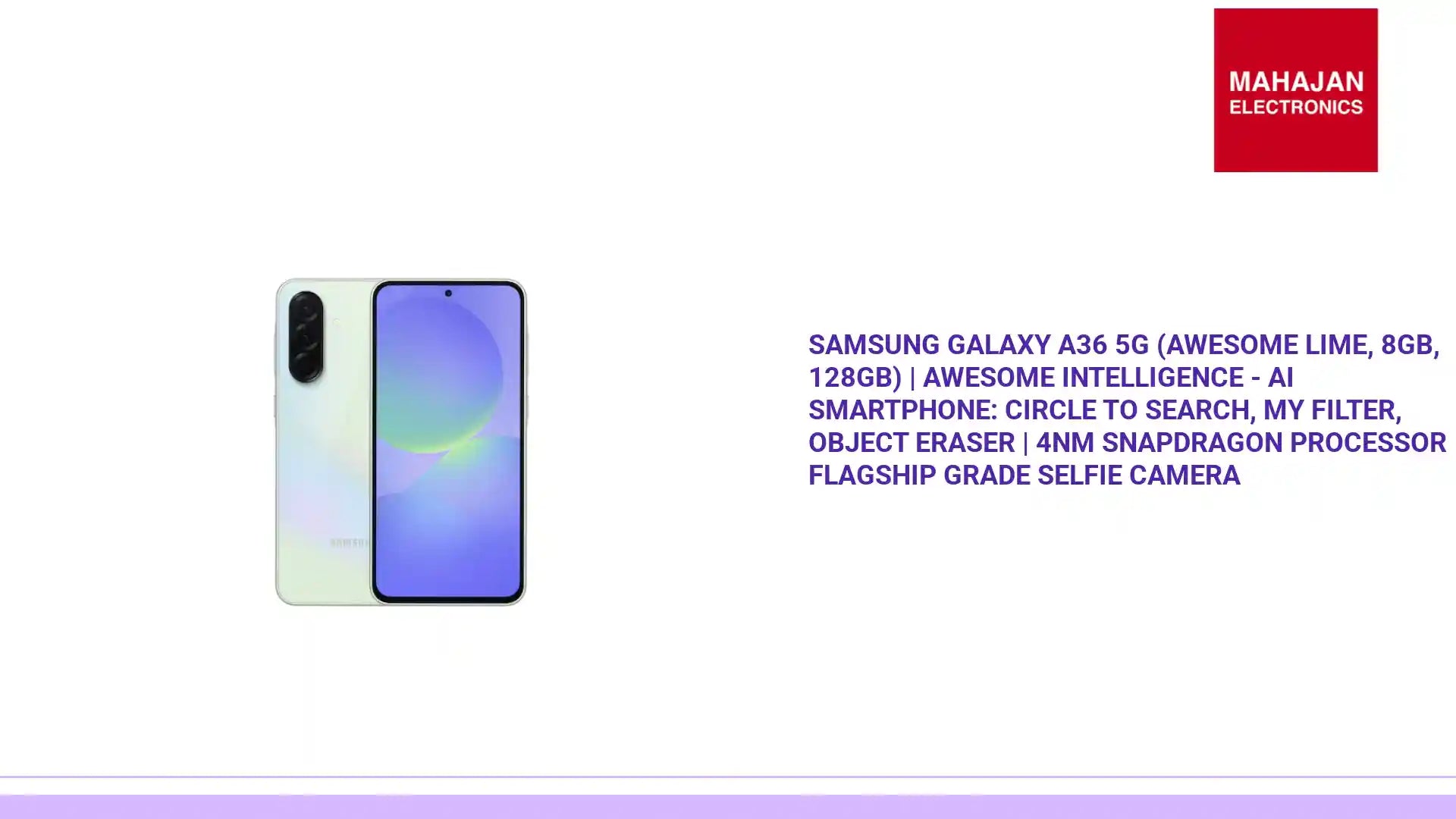 Samsung Galaxy A36 5G (Awesome Lime, 8GB, 128GB) | Awesome Intelligence - AI Smartphone: Circle to Search, My Filter, Object Eraser | 4nm Snapdragon Processor | Flagship Grade Selfie Camera by@Outfy
