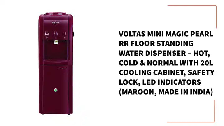 Voltas Mini Magic Pearl RR Floor Standing Water Dispenser – Hot, Cold & Normal with 20L Cooling Cabinet, Safety Lock, LED Indicators (Maroon, Made in India) by@Outfy