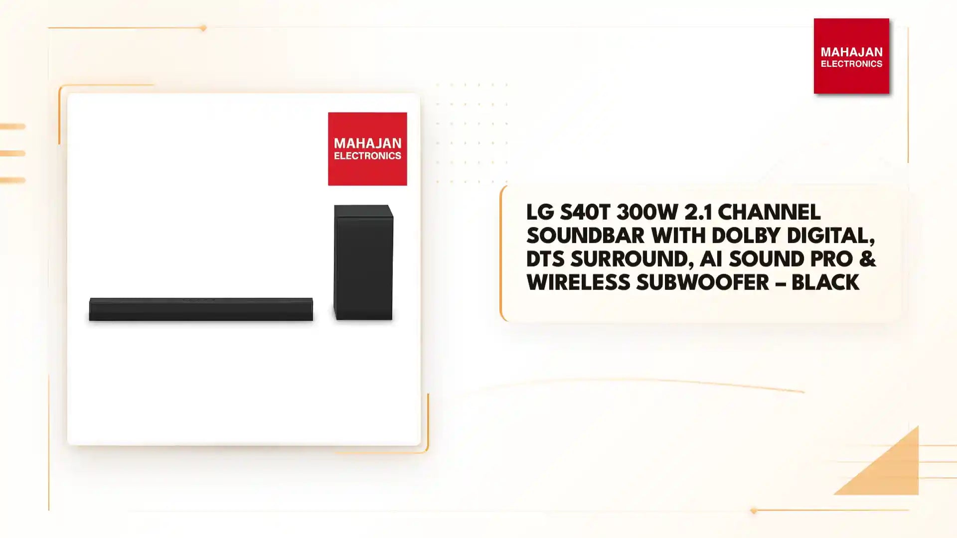 LG S40T 300W 2.1 Channel Soundbar with Dolby Digital, DTS Surround, AI Sound Pro & Wireless Subwoofer – Black by@Outfy