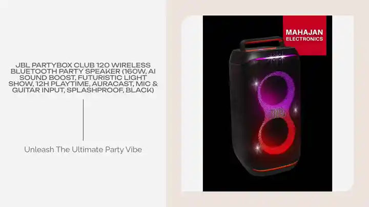JBL PartyBox Club 120 Wireless Bluetooth Party Speaker (160W, AI Sound Boost, Futuristic Light Show, 12H Playtime, Auracast, Mic & Guitar Input, Splashproof, Black) by@Outfy