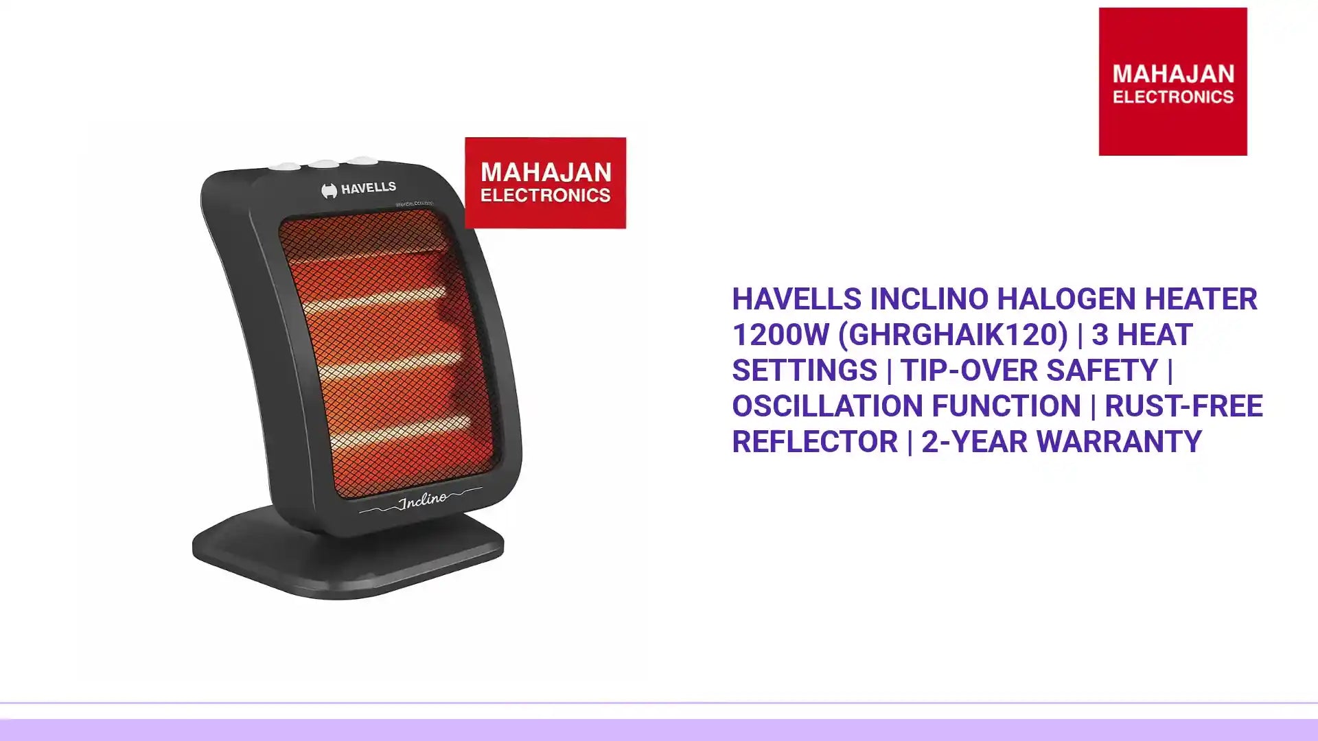 Havells Inclino Halogen Heater 1200W (GHRGHAIK120) | 3 Heat Settings | Tip-Over Safety | Oscillation Function | Rust-Free Reflector | 2-Year Warranty by@Outfy