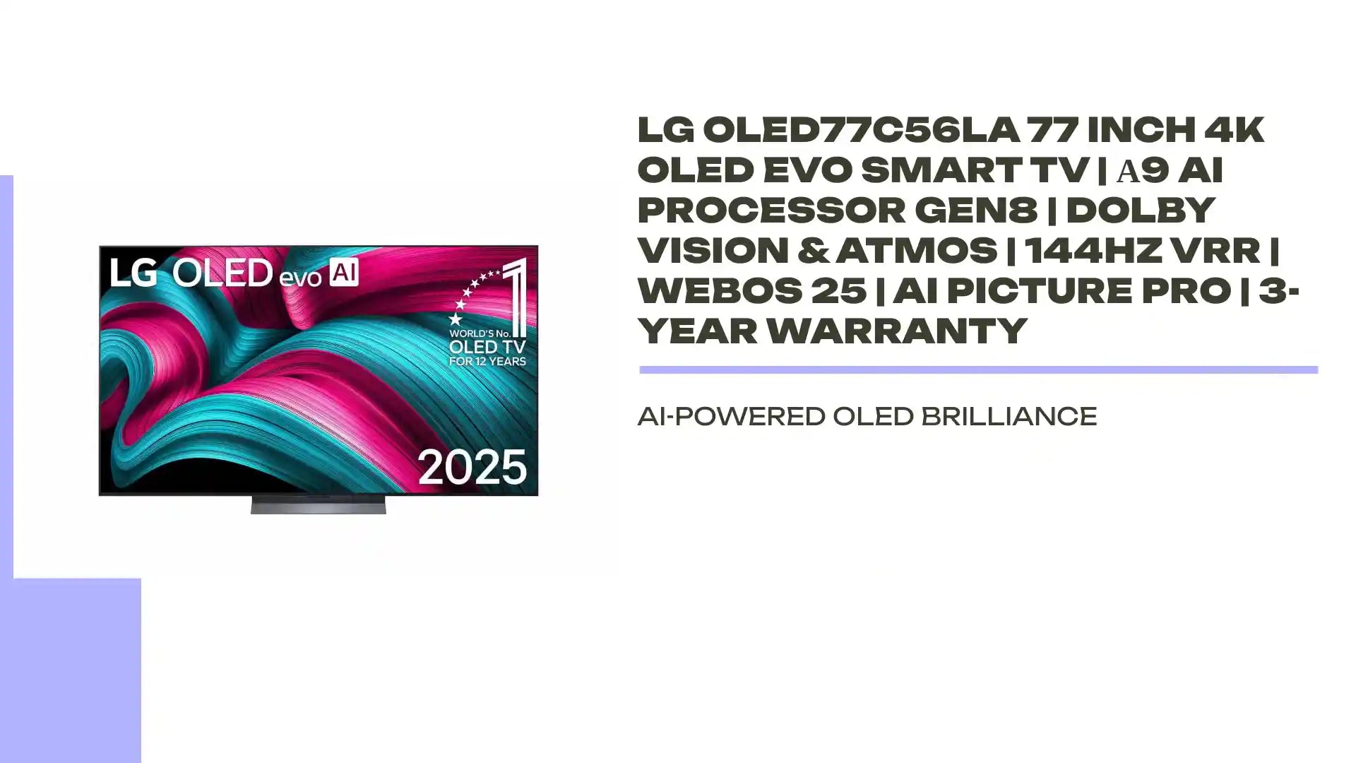 LG OLED77C56LA 77 Inch 4K OLED evo Smart TV | α9 AI Processor Gen8 | Dolby Vision & Atmos | 144Hz VRR | WebOS 25 | AI Picture Pro | 3-Year Warranty by@Outfy
