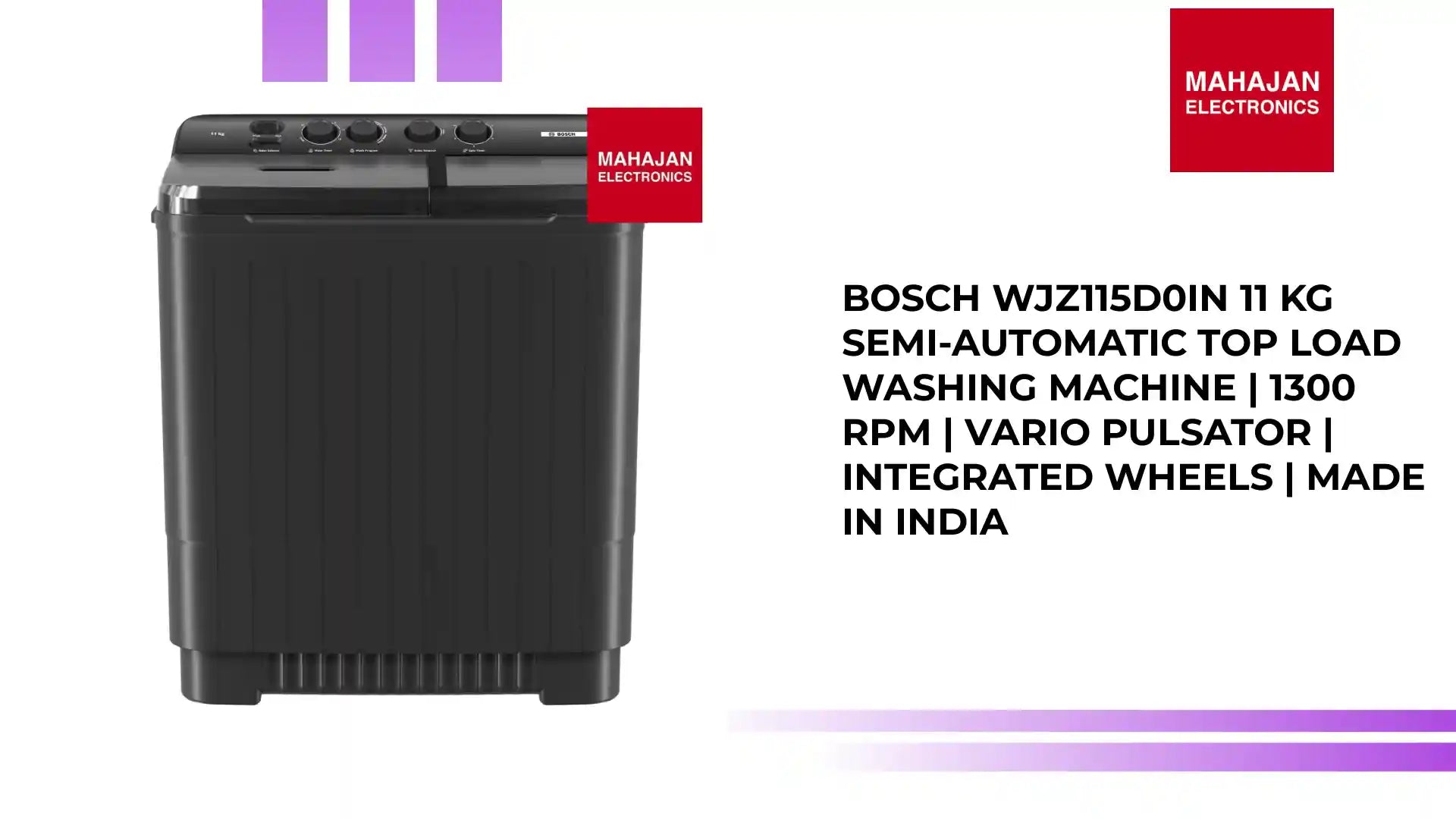 Bosch WJZ115D0IN 11 Kg Semi-Automatic Top Load Washing Machine | 1300 RPM | Vario Pulsator | Integrated Wheels | Made in India by@Outfy