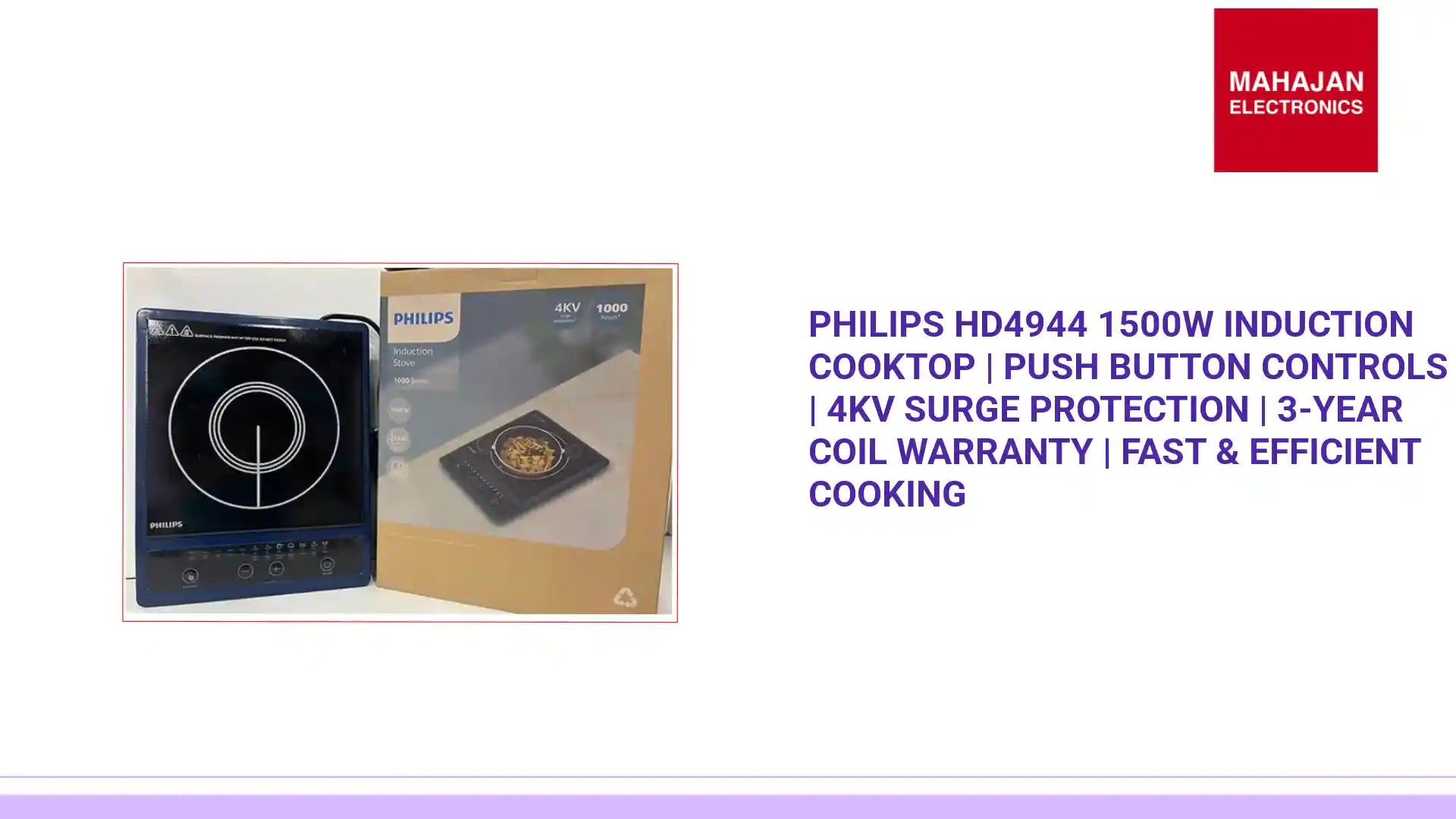 Philips HD4944 1500W Induction Cooktop | Push Button Controls | 4KV Surge Protection | 3-Year Coil Warranty | Fast & Efficient Cooking by@Outfy