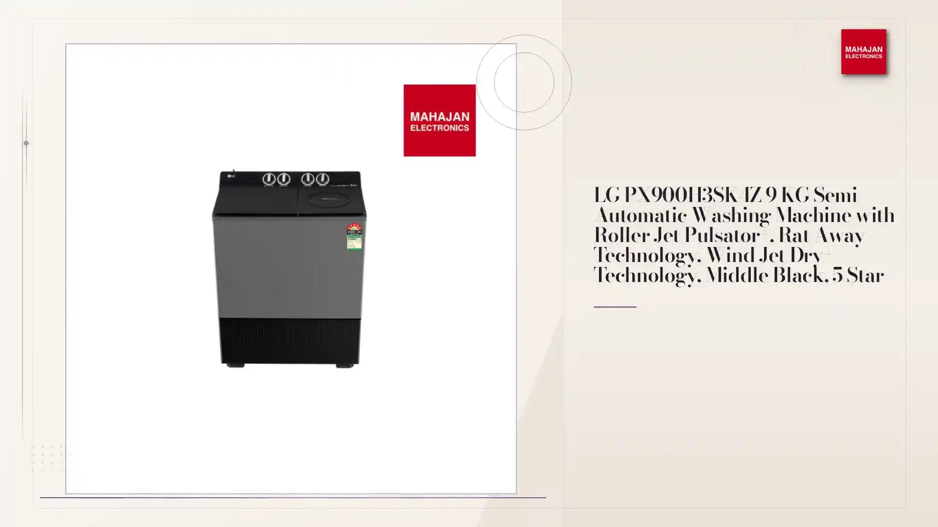 LG PX900H3SK4Z 9 KG Semi Automatic Washing Machine with Roller Jet Pulsator+, Rat Away Technology, Wind Jet Dry+ Technology, Middle Black, 5 Star by@Outfy