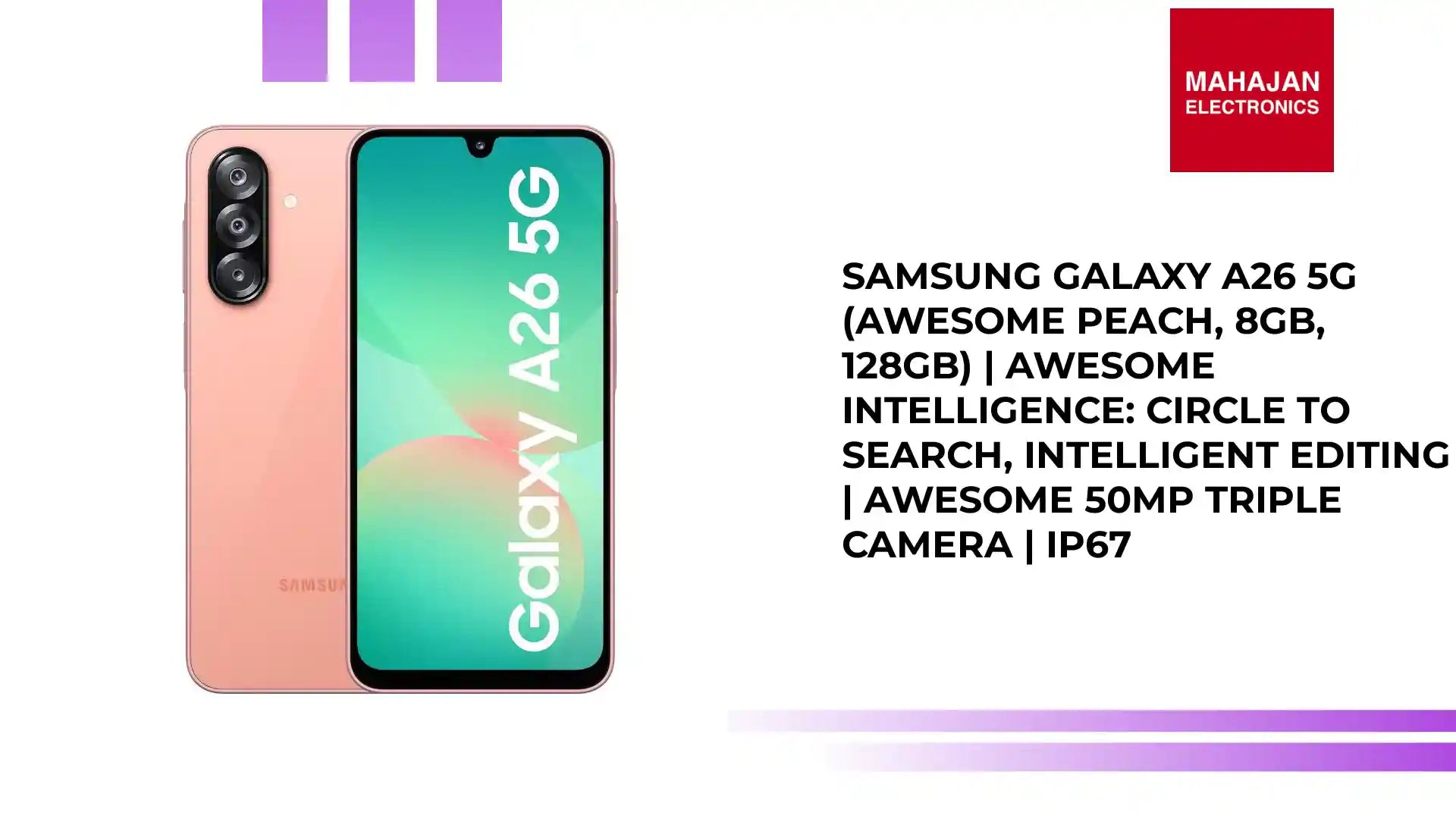 Samsung Galaxy A26 5G (Awesome Peach, 8GB, 128GB) | Awesome Intelligence: Circle to Search, Intelligent Editing | Awesome 50MP Triple Camera | IP67 by@Outfy