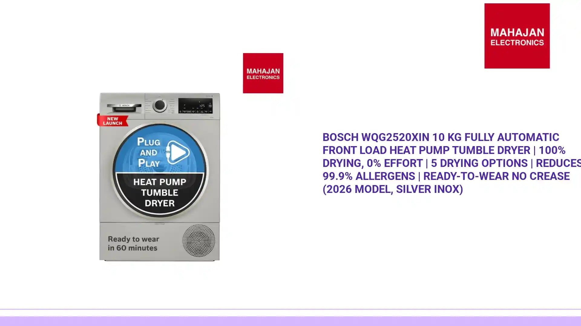 Bosch WQG2520XIN 10 kg Fully Automatic Front Load heat Pump Tumble Dryer | 100% Drying, 0% Effort | 5 Drying Options | Reduces 99.9% Allergens | Ready-to-Wear No Crease (2026 model, Silver Inox) by@Outfy