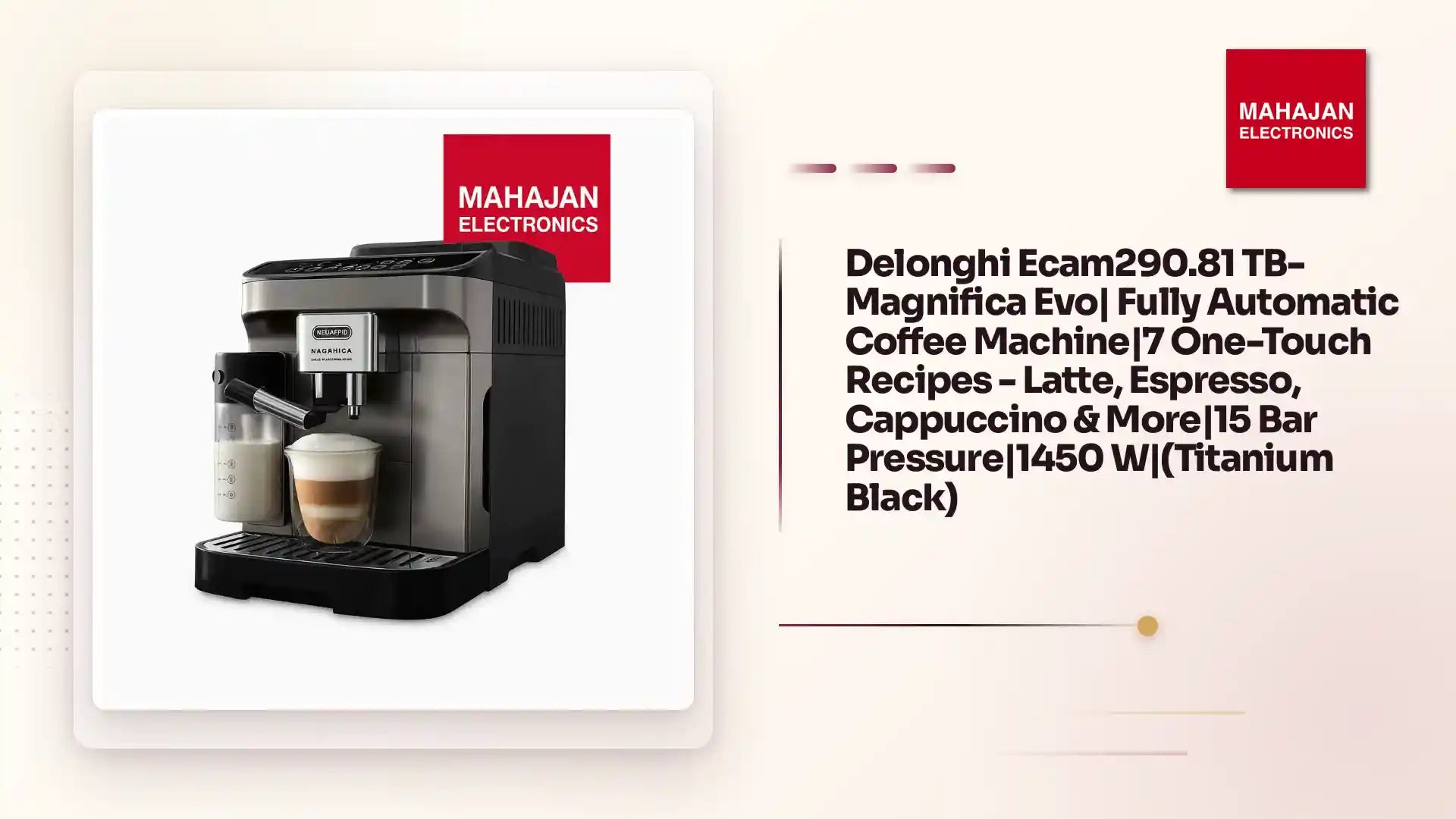 Delonghi Ecam290.81 TB- Magnifica Evo| Fully Automatic Coffee Machine|7 One-Touch Recipes - Latte, Espresso, Cappuccino & More|15 Bar Pressure|1450 W|(Titanium Black) by@Outfy