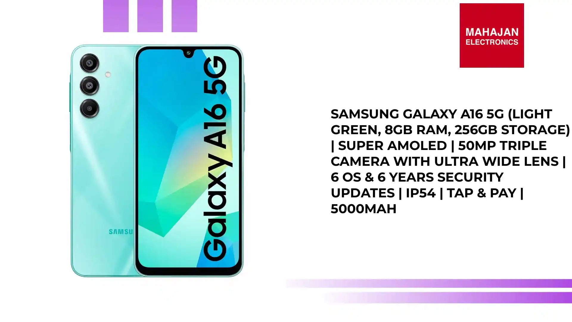 Samsung Galaxy A16 5G (Light Green, 8GB RAM, 256GB Storage) | Super AMOLED | 50MP Triple Camera with Ultra Wide Lens | 6 OS & 6 Years Security Updates | IP54 | Tap & Pay | 5000mAh by@Outfy