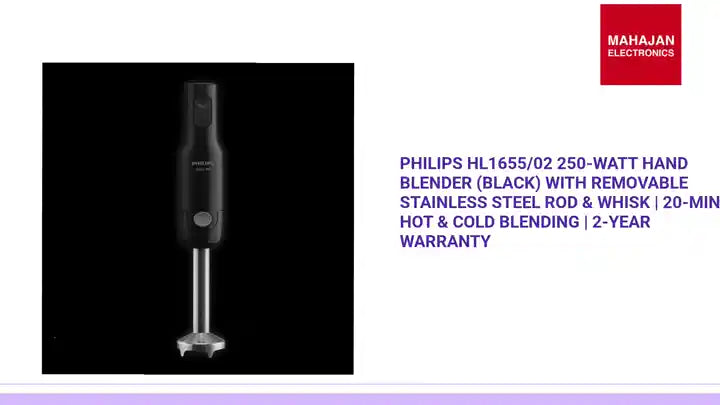 Philips HL1655/02 250-Watt Hand Blender (Black) with Removable Stainless Steel Rod & Whisk | 20-Min Hot & Cold Blending | 2-Year Warranty by@Outfy