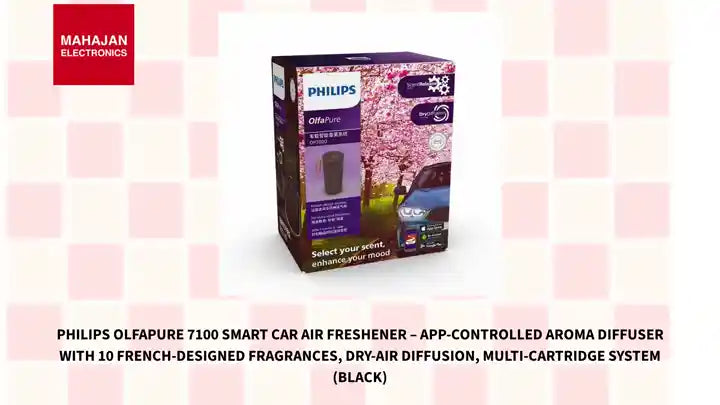 Philips OlfaPure 7100 Smart Car Air Freshener – App-Controlled Aroma Diffuser with 10 French-Designed Fragrances, Dry-Air Diffusion, Multi-Cartridge System (Black) by@Outfy