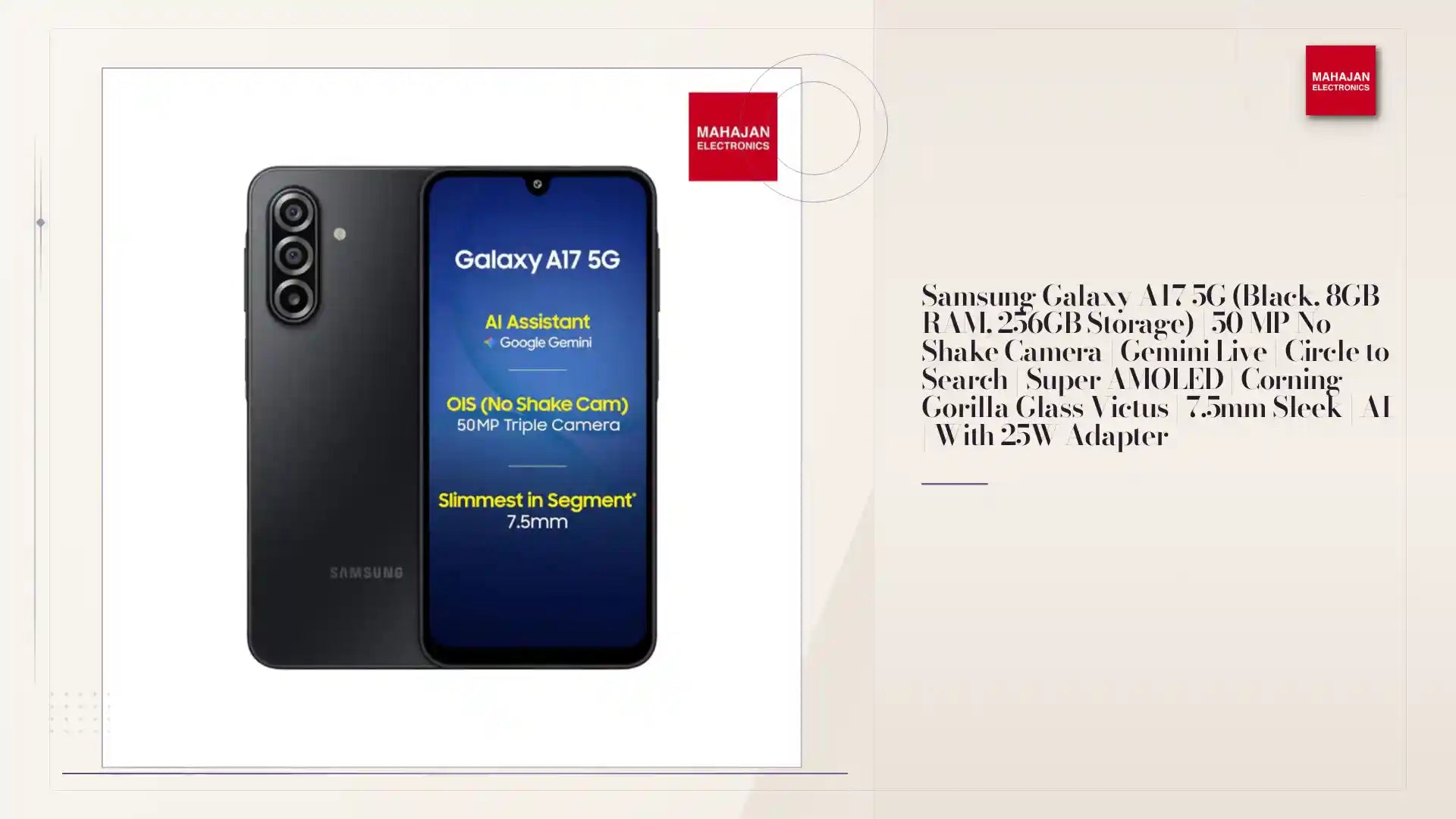 Samsung Galaxy A17 5G (Black, 8GB RAM, 256GB Storage) | 50 MP No Shake Camera | Gemini Live | Circle to Search | Super AMOLED | Corning Gorilla Glass Victus | 7.5mm Sleek | AI | With 25W Adapter by@Outfy