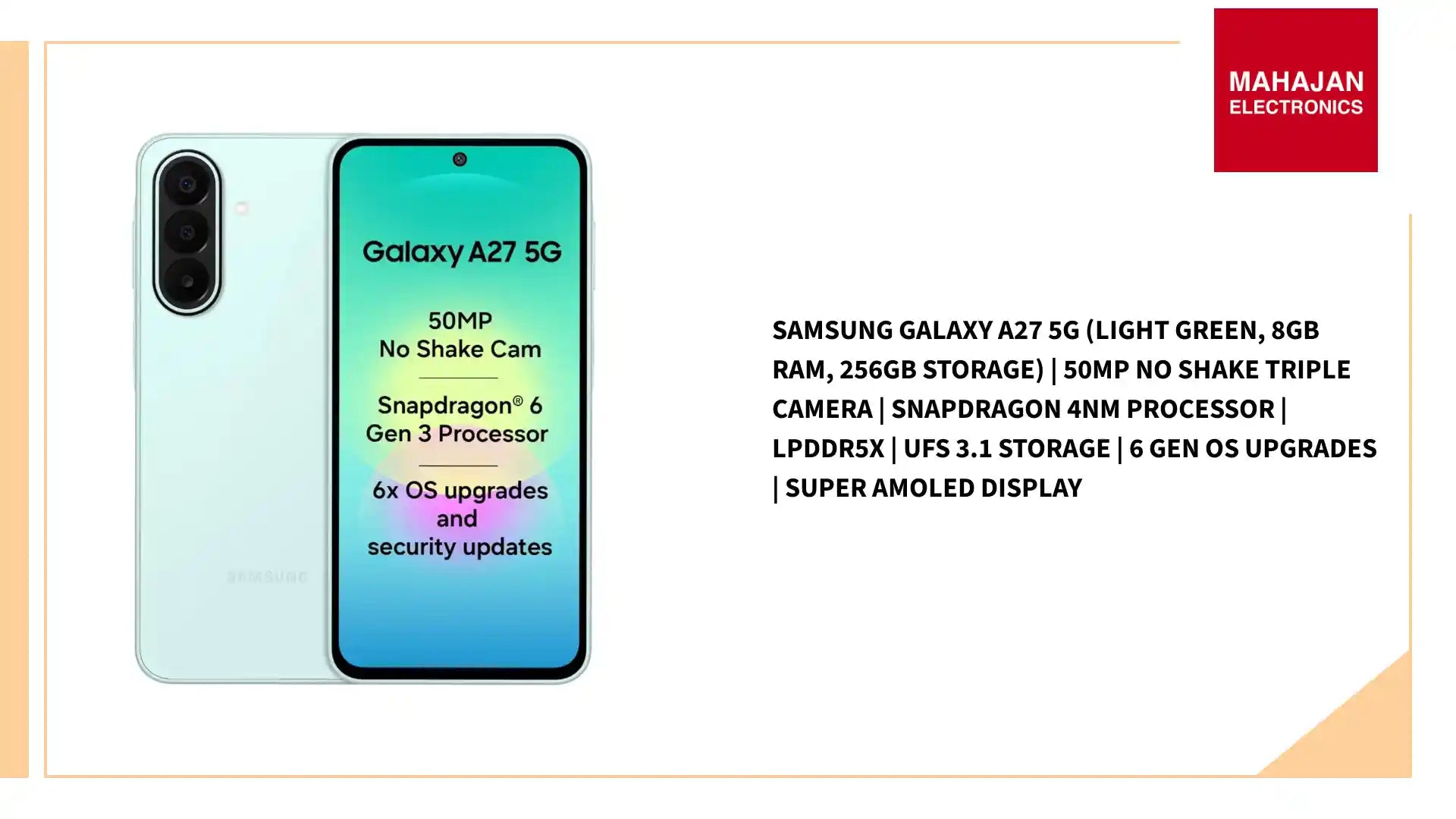 Samsung Galaxy A27 5G (Light Green, 8GB RAM, 256GB Storage) | 50MP No Shake Triple Camera | Snapdragon 4nm Processor | LPDDR5x | UFS 3.1 Storage | 6 Gen OS Upgrades | Super AMOLED Display by@Outfy