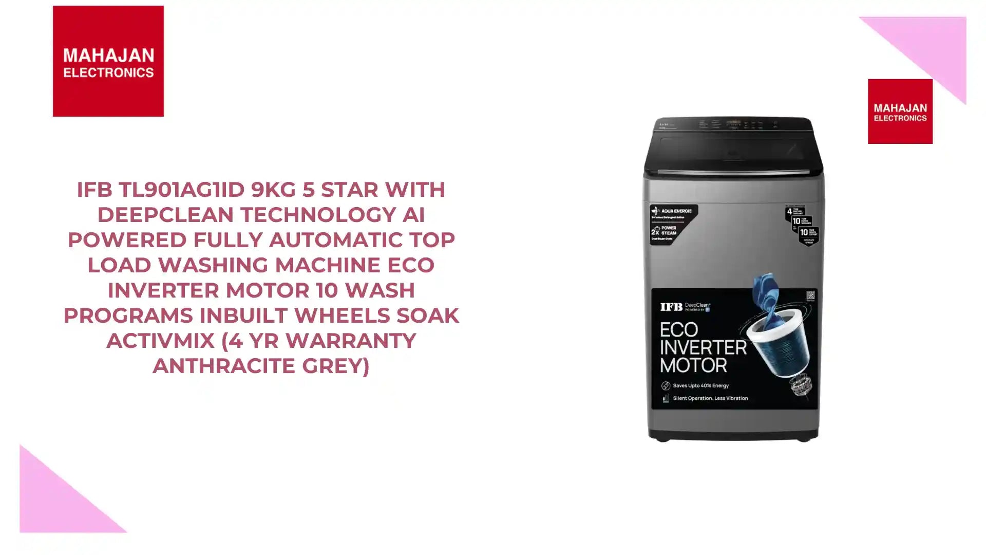 IFB TL901AG1ID 9kg 5 star with DeepClean Technology AI Powered Fully Automatic Top Load Washing Machine Eco Inverter Motor 10 Wash Programs Inbuilt Wheels Soak Activmix (4 Yr Warranty Anthracite Grey) by@Outfy