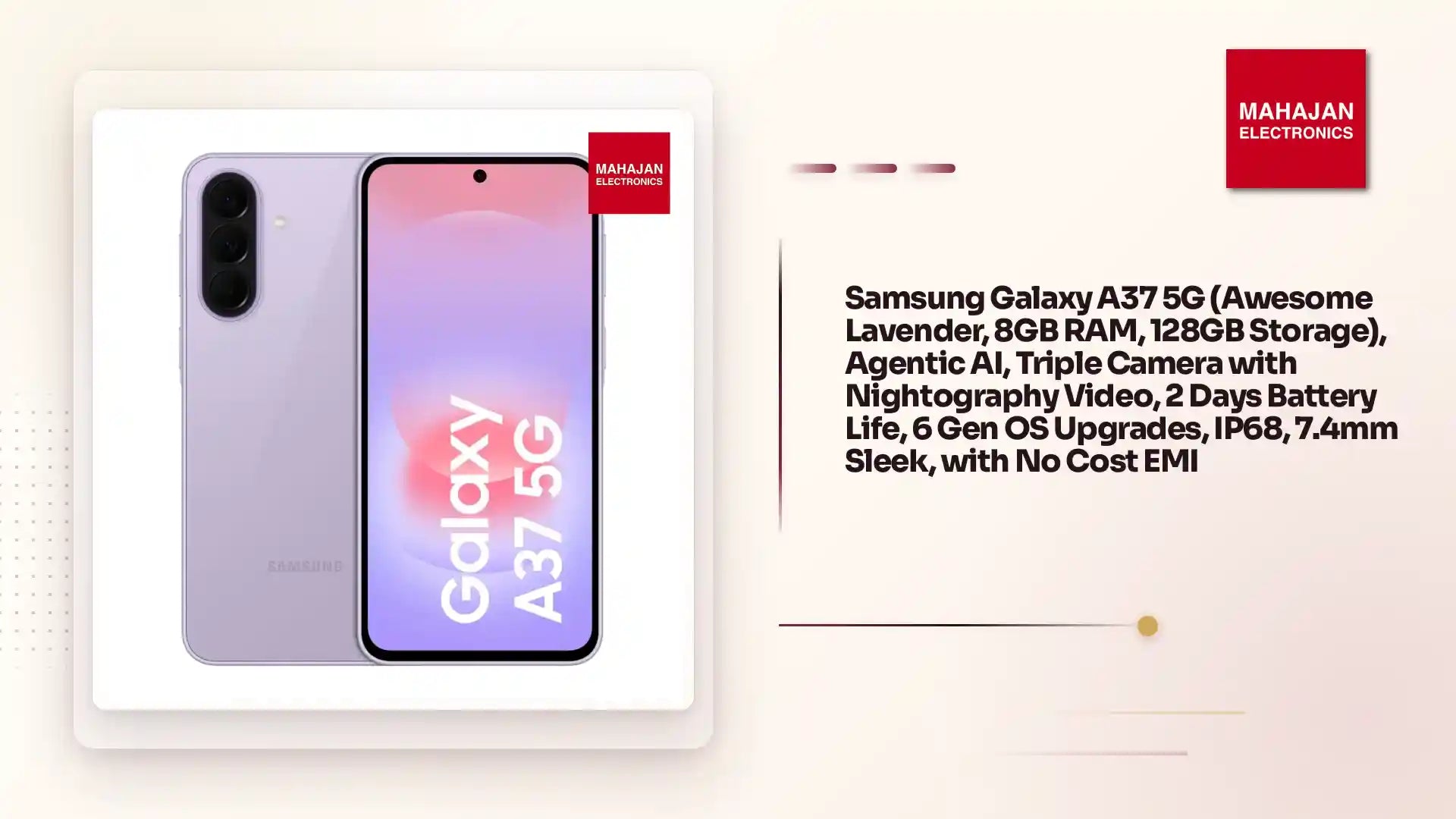 Samsung Galaxy A37 5G (Awesome Lavender, 8GB RAM, 128GB Storage), Agentic AI, Triple Camera with Nightography Video, 2 Days Battery Life, 6 Gen OS Upgrades, IP68, 7.4mm Sleek, with No Cost EMI by@Outfy